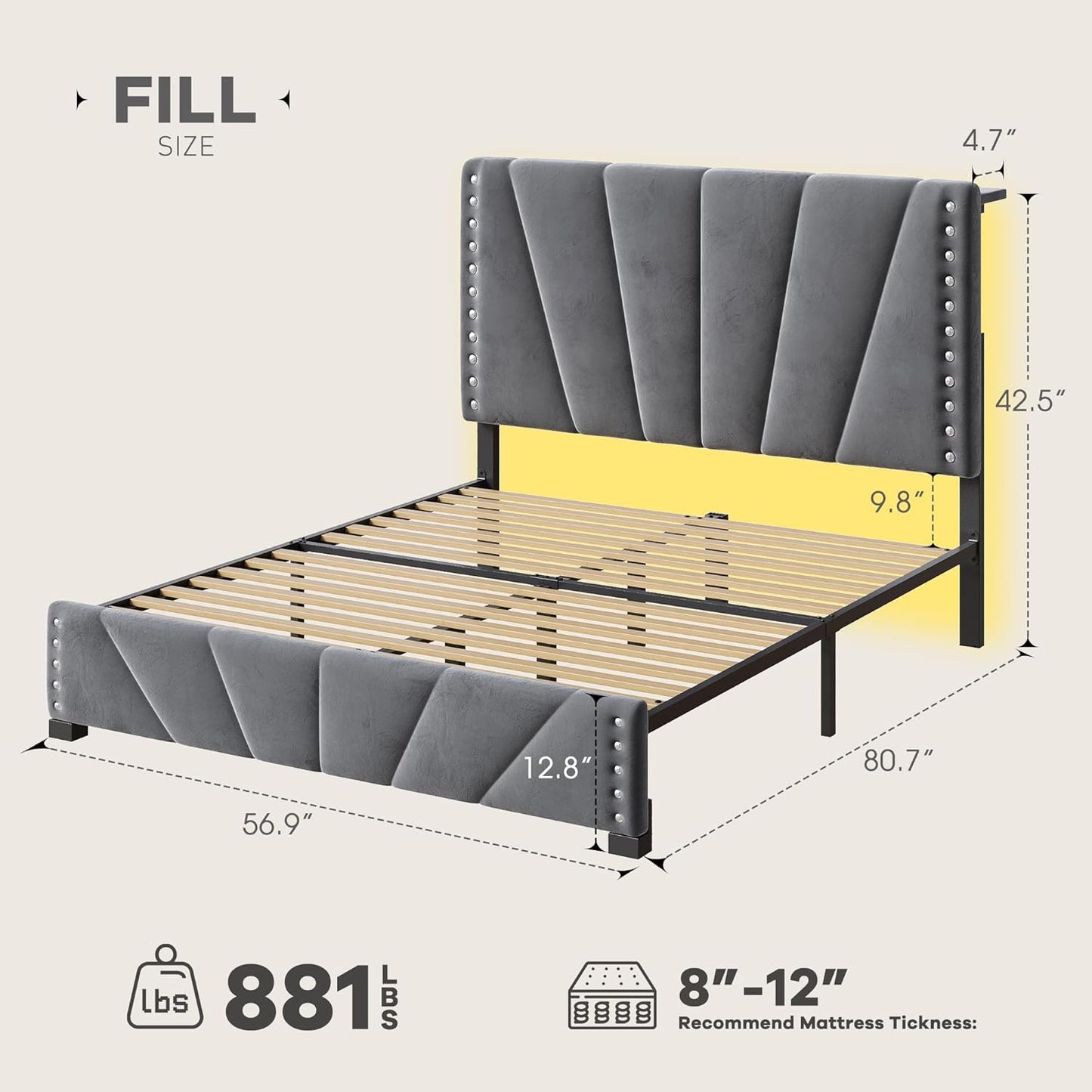 EnHomee Full Size Bed Frame, Velvet Bed Frame with Headboard and Led Light, Platform Bed Frame for Bedroom Apartment, Dorm, Noise-Free, Easy Assembly, Dark Gray