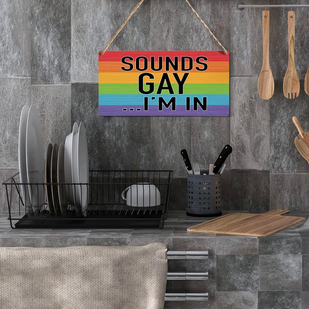 Sounds Gay I'm in Wood Sign Rustic Gay Pride Rainbow Wooden Hanging Plaque for Home Wall Art Decoration 6 x 12 Inches Present