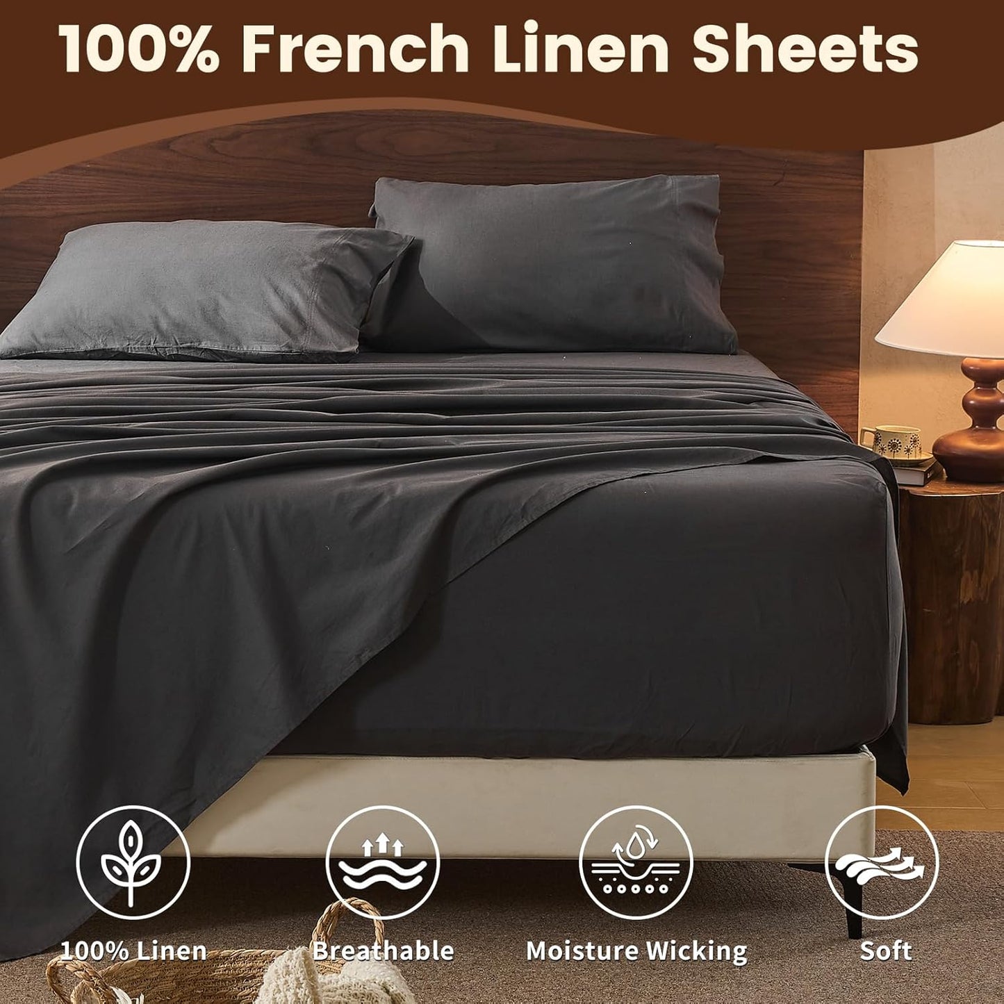 100% Linen Sheet Set Queen Size Extra Deep Pocket Fits 18-24 Inch Mattress, Breathable & Soft, Smooth 4-Piece Set for Thick Mattresses Hotel Luxury Bedding（Queen, Dark Grey）