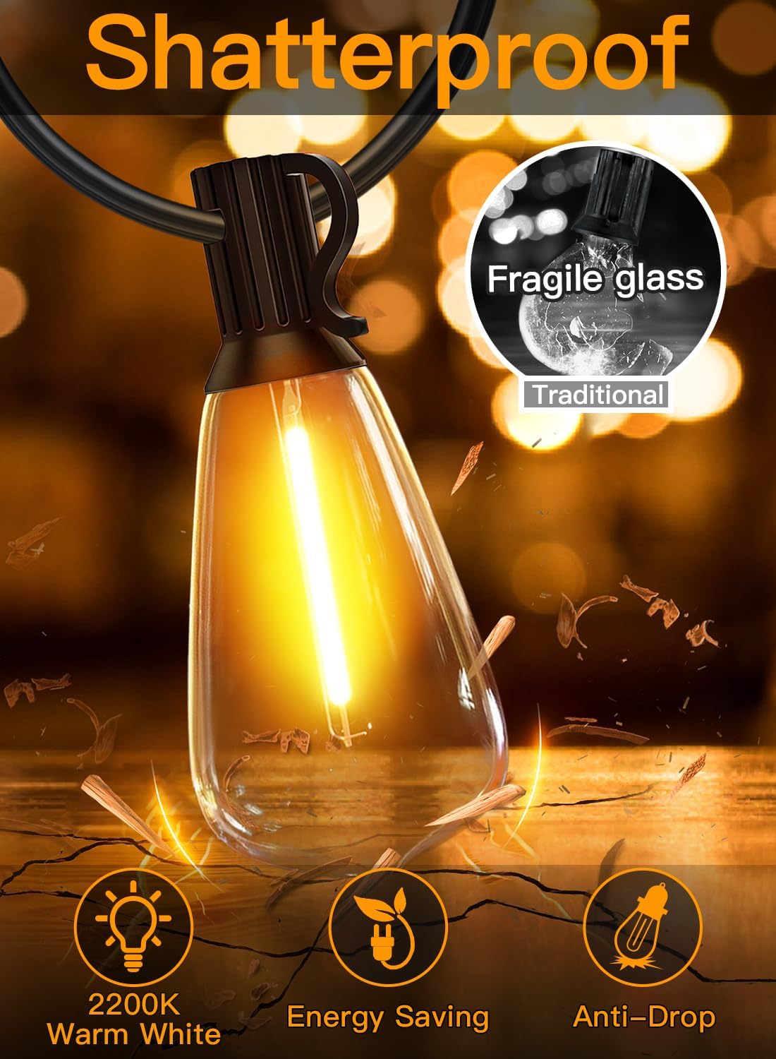 Ollny Outdoor String Lights 30FT, Shatterproof Connectable Patio Lights with 15+1 Spare ST38 Vintage Bulbs, 2200K Warm White Waterproof Outside Hanging Light for Camping Yard Gazebo Porch Balcony