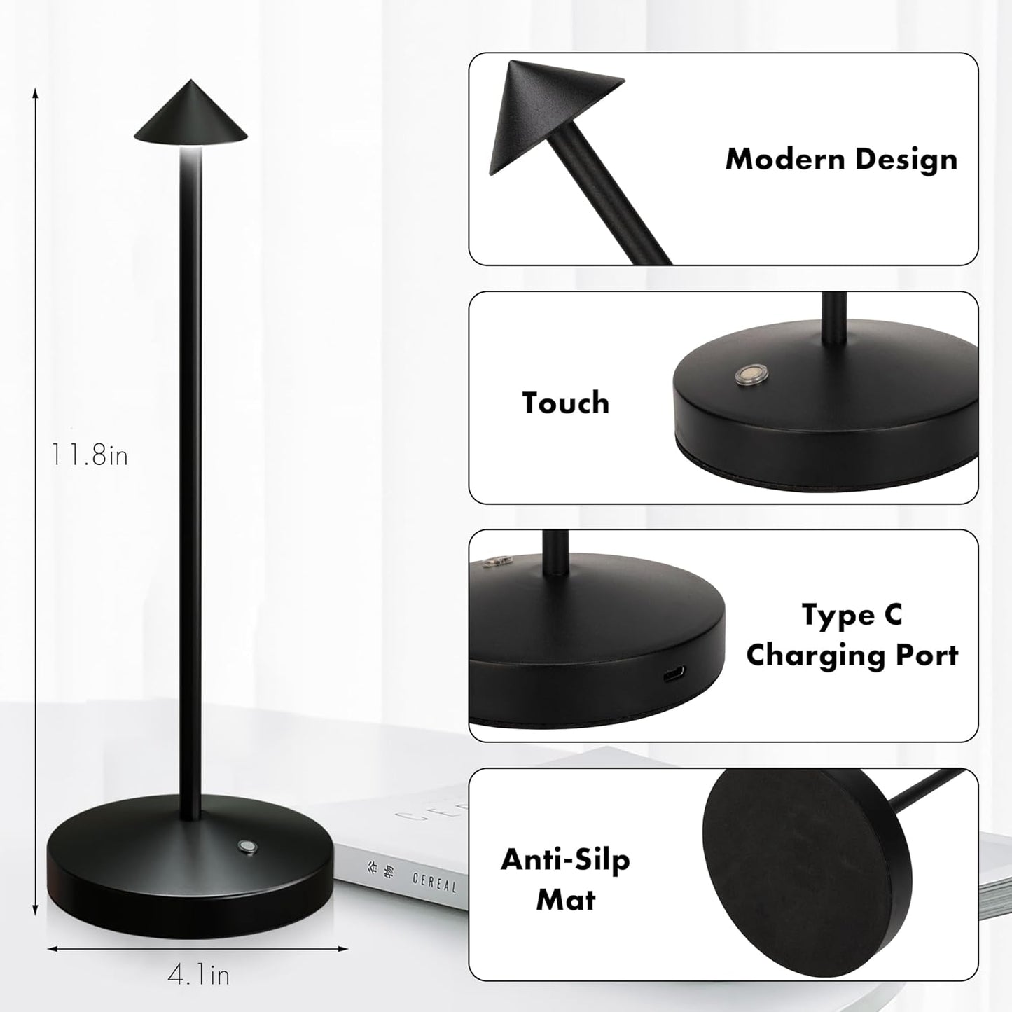 2Pack Cordless Table Lamp, Rechargeable Battery Operated Lamp 4000mAh with 3 Color Light Stepless Dimming Portable LED Desk Touch Table Lamp for Restaurant Nightstand Bedroom Living Room Black