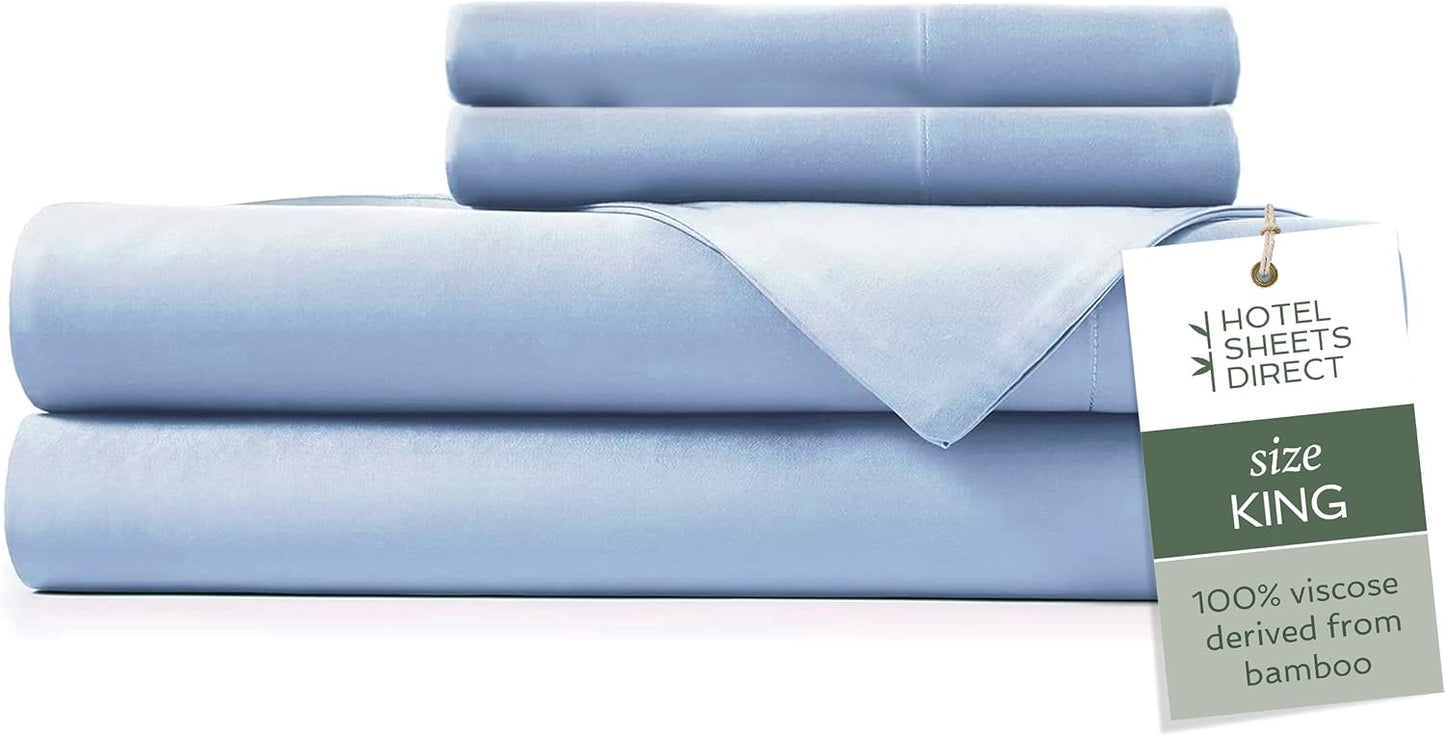 Hotel Sheets Direct 4 Piece Bed Sheet Set King Size, 100% Viscose Derived from Bamboo Sheets Set with 2 Pillowcases, Cooling & Breathable Luxury Bedding, Moisture-Wicking & Silky Soft, Light Blue