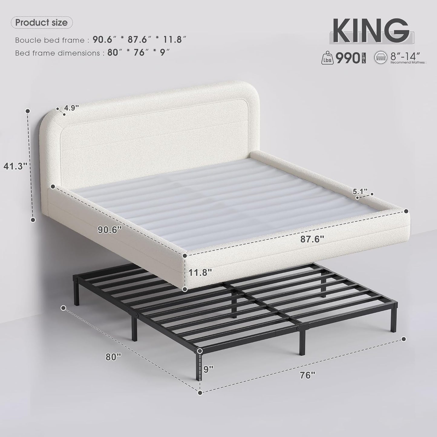 King Size Bed Frame and Headboard, Upholstered Cloud Bed Frame, Anti-Collision Soft Rounded Corners, for Modern Bedrooms, Apartments, Guest Rooms, White