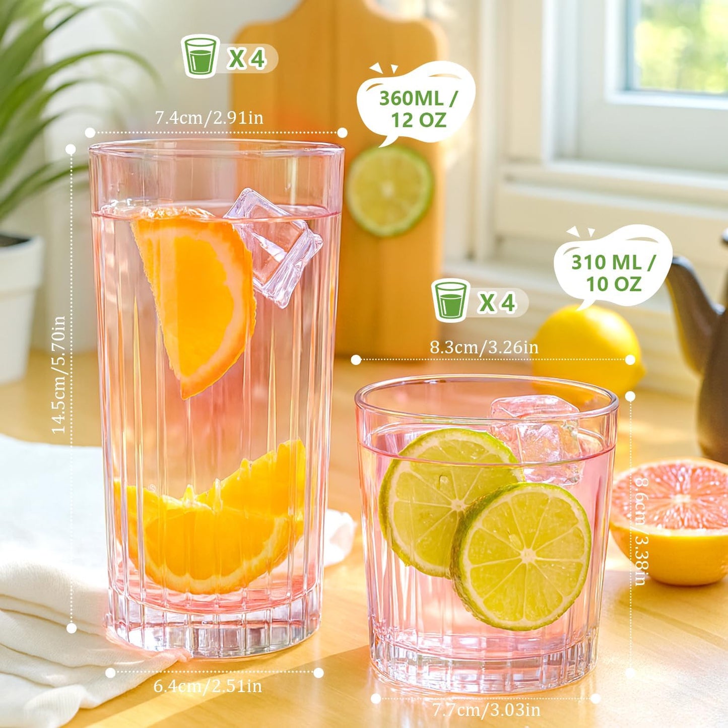 Laerjin Drinking Glasses Set of 8, 12 oz Highball Glasses & 10 oz Cocktail Glasses Set, Glassware Drinking Glasses, Glassware Sets for Cocktail, Beer, Wine, Whiskey, Water & Juice Drinkware(Pink)