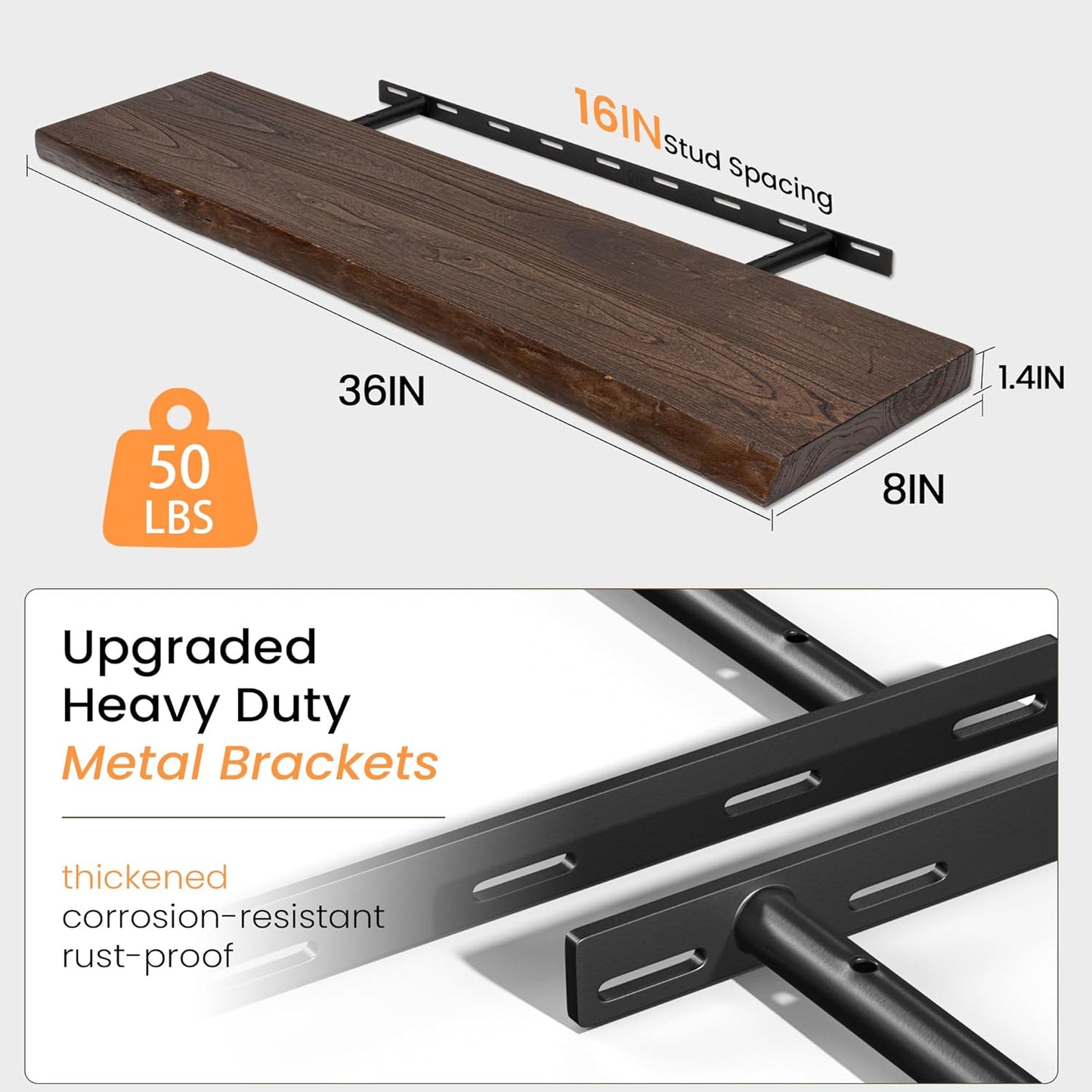 Fun Memories Floating Shelves for Wall Decor, Rustic Solid Elm Wood Live Edge Floating Shelves Wall Mounted, Heavy-Duty Shelf with Invisible Bracket for Living Room Kitchen, 36 Inch Set of 2, Walnut