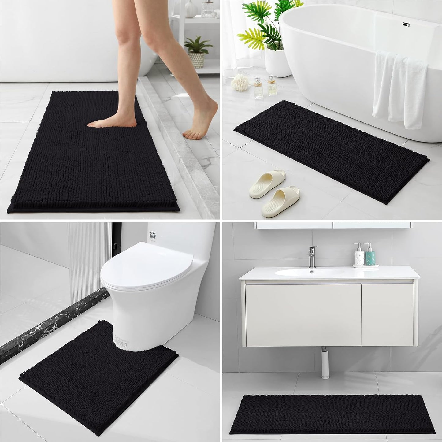 HOMEIDEAS 3 Pieces Bathroom Rugs, Extra Large Ultra Soft Non Slip Absorbent Chenille Toilet Bath Mat Set (Black,17"x24"+20"x48"+U Shape 20"x24")