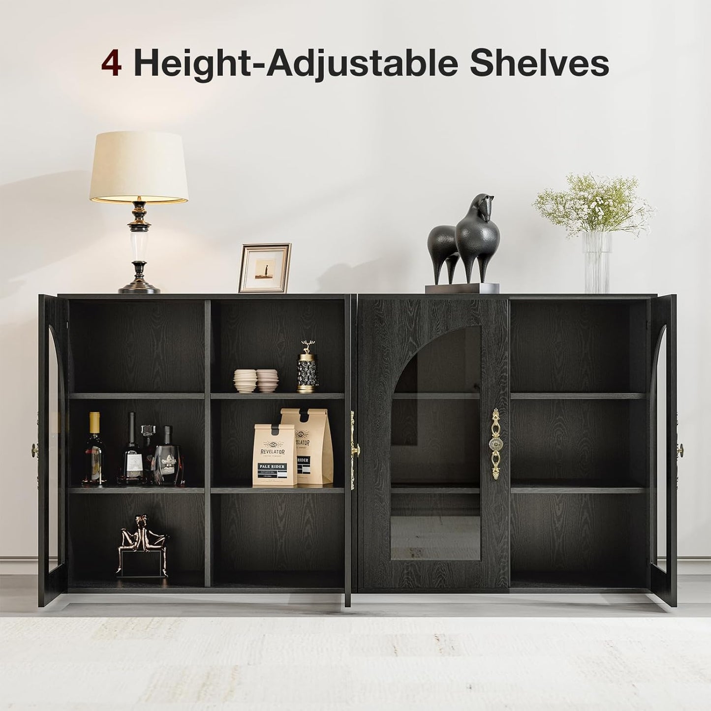 Modular Buffet Storage Cabinet, Glass 2-Door Kitchen Sideboard Buffet Console w/Adjustable Shelves, Wood Modular Organizer for Kitchen Living Room, 31.5 Inch