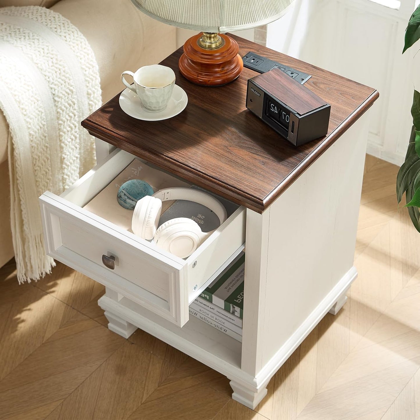 Farmhouse End Tables Living Room with Drawer, Rustic Wood Nightstand with Charging Station, Bedside Table with Open Shelf for Bed Room, Living Room, White