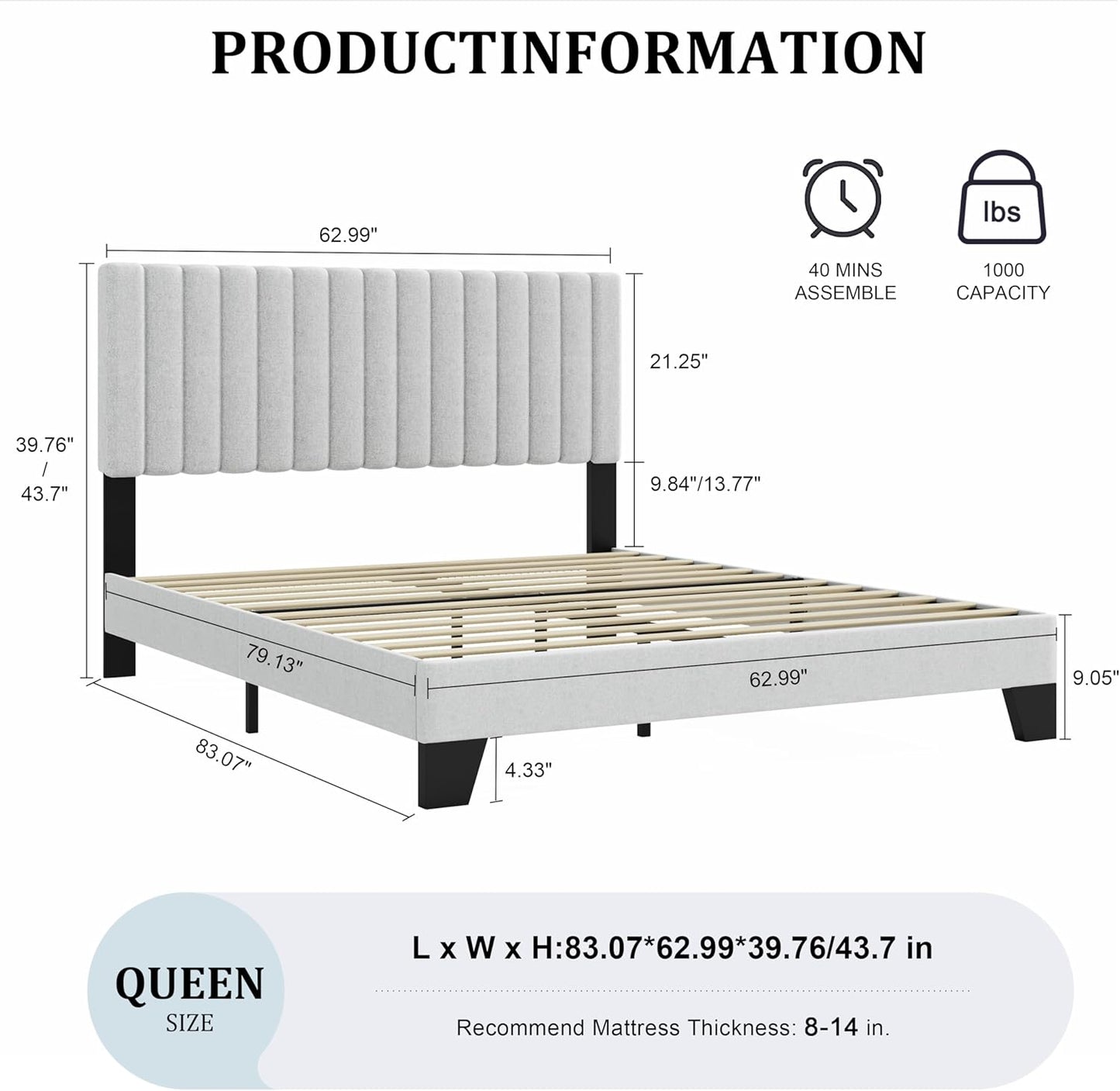 Queen Size Bed Frame with Adjustable Tufted Headboard – Linen Upholstered Platform Bed, Sturdy Frame & Slats, No Box Spring Needed, Noise-Free, Easy Assembly (Gray, Queen)