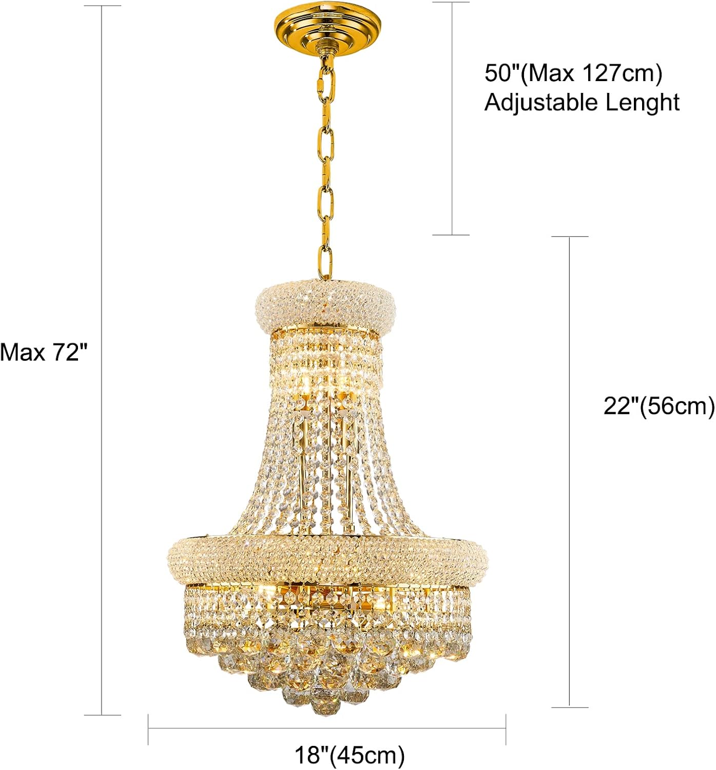 10 Lights Gold Finish Empire Crystal Chandelier Lighting for Dining Room Living Room Foyer Hallway Bedroom Entryway (Dia 18'')
