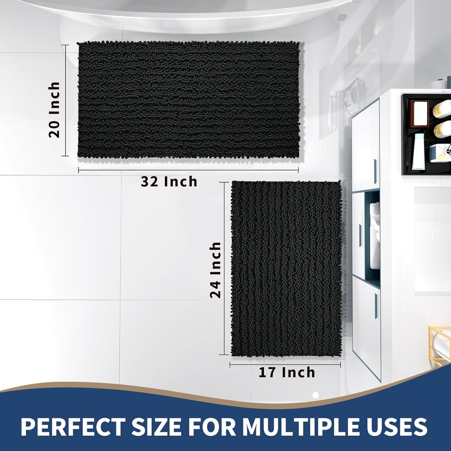 Yimobra Bathroom Rugs Sets 2 Piece - Quick Dry Extra Thick Luxury Chenille Bath Mat, Non Slip Super Absorbent for Tub Shower Sink, Machine Washable Shaggy Floor Mat, 32"x20"+24"x17" Inch, Black
