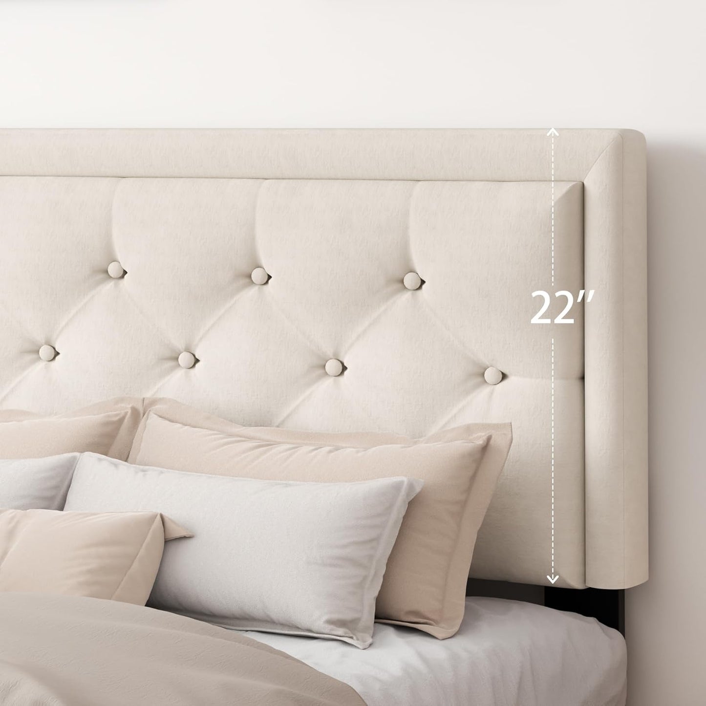 Queen Size Platform Bed Frame with Upholstered Velvet Button Tufted Headboard, Mattress Foundation with Wooden Slat Support, No Box Spring Needed, Easy Assembly, Noise Free, Beige