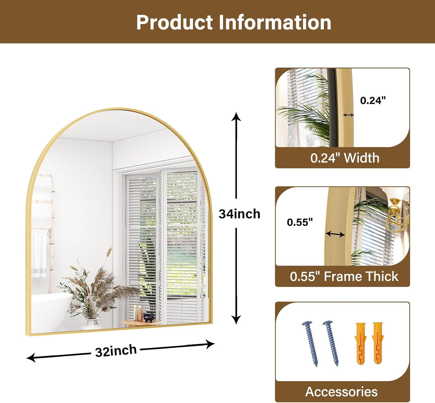 Arched Bathroom Mirror 32" x 34" for Bathroom Vanity Mirror or Wall Decor Gold Arch Mirror Aluminum Alloy Frame Wall Mounted Mirror for Living Room Bedroom Entryway