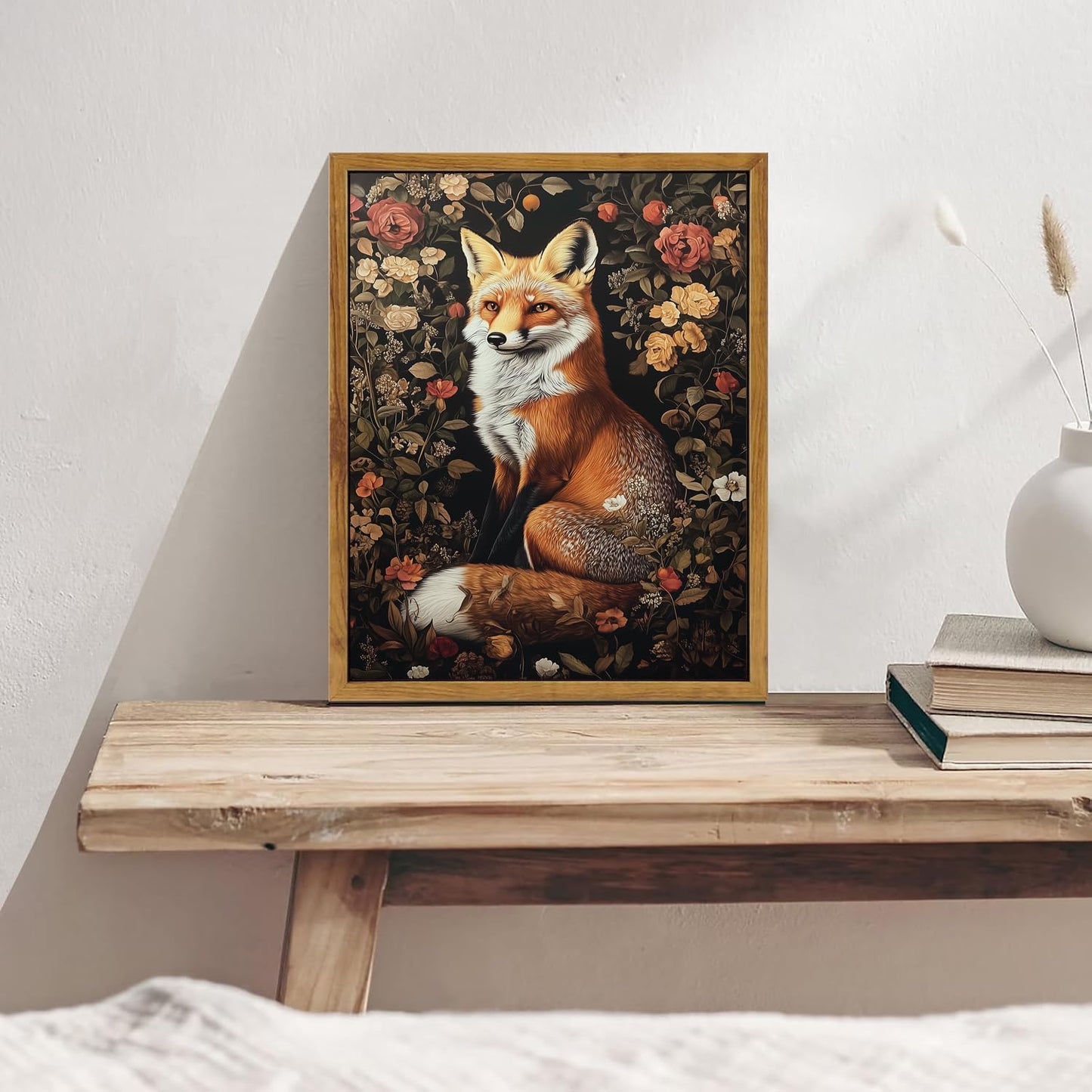 Framed Vintage Wall Art, Boho Canvas Wall Art, Dark Flowers Pictures, Nature Botanical Wall Decor, Fox Animal Paintings Prints, for Living Room Bedroom Home Decor 8x10in