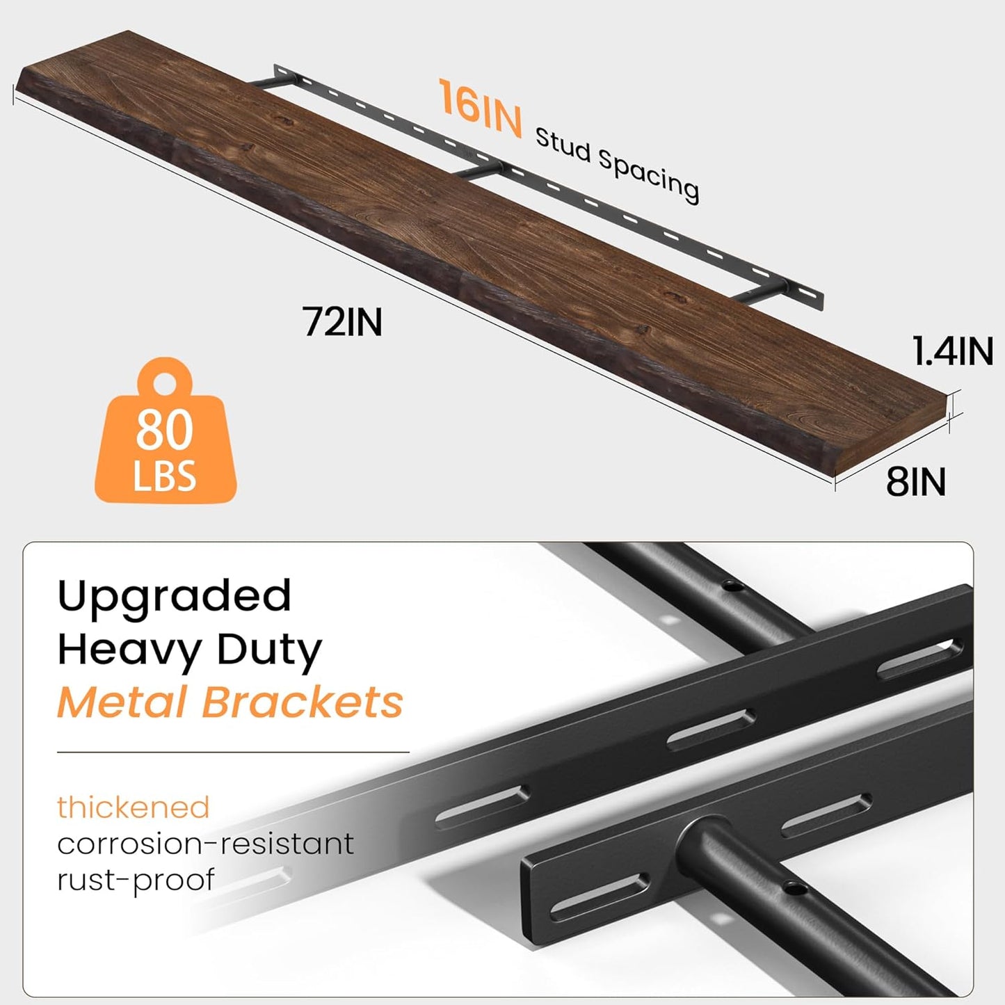 Fun Memories Floating Shelves for Wall Decor, Rustic Solid Elm Wood Live Edge Floating Shelves Wall Mounted, Heavy-Duty Shelf with Invisible Bracket for Living Room Kitchen, 72 Inch Set of 1, Walnut