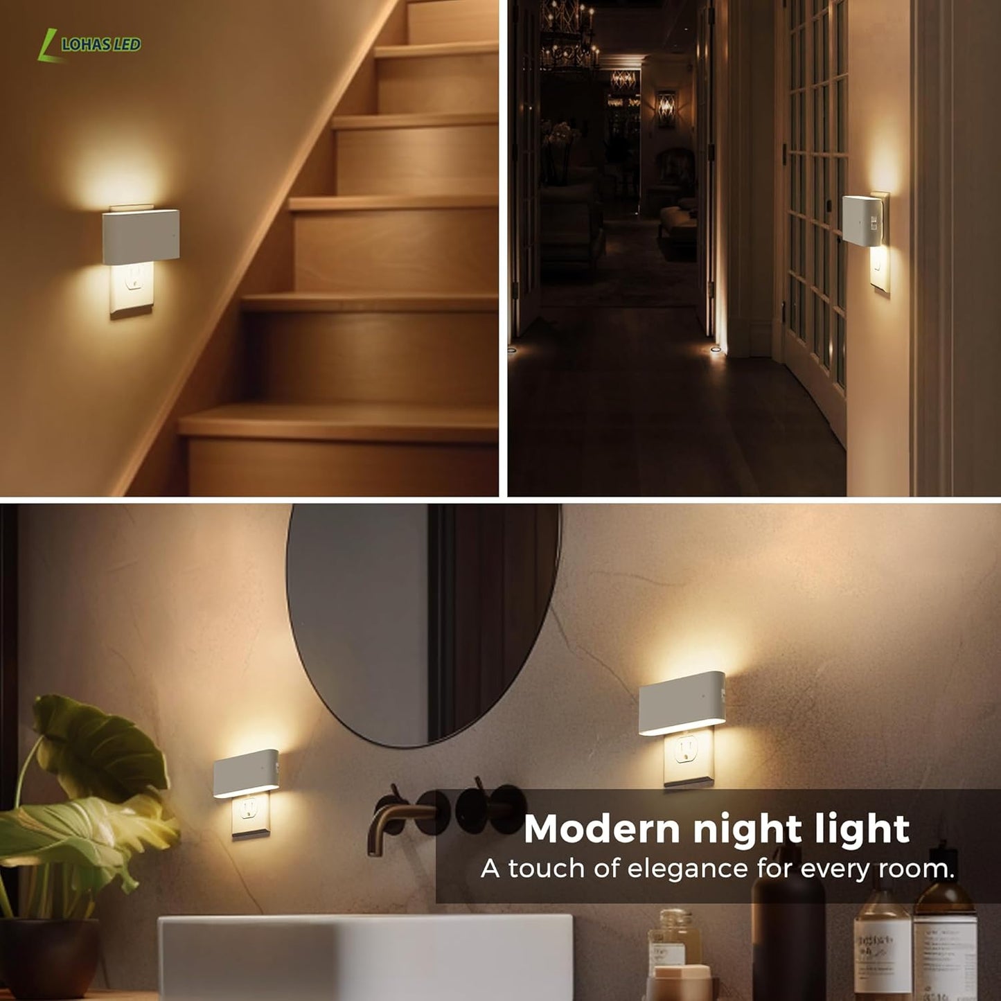 L LOHAS LED Night Light, Dimmable Modern LED Night Lights Plug into Wall,Dusk to Dawn Sensor Night Lights for Kid, 0-100LM 3000K Soft White Nightlight for Hallway Bedroom Stairway