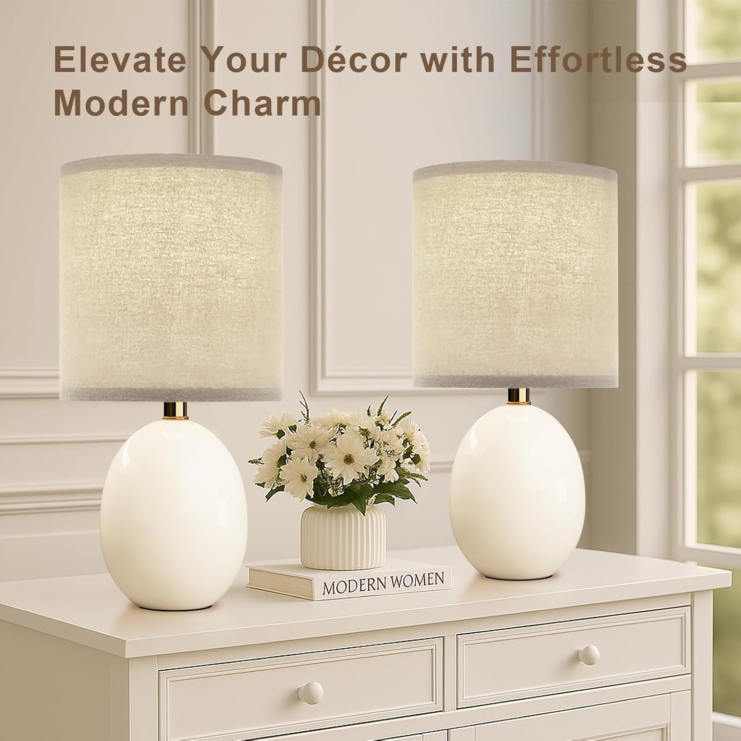 17.3" Table Lamp Set of 2 for Living Room Bedroom, Bedside Lamps for Night Stands, Desk Nightstand Lamp Dimmable, Modern Linen White Ceramic Lamps (White)