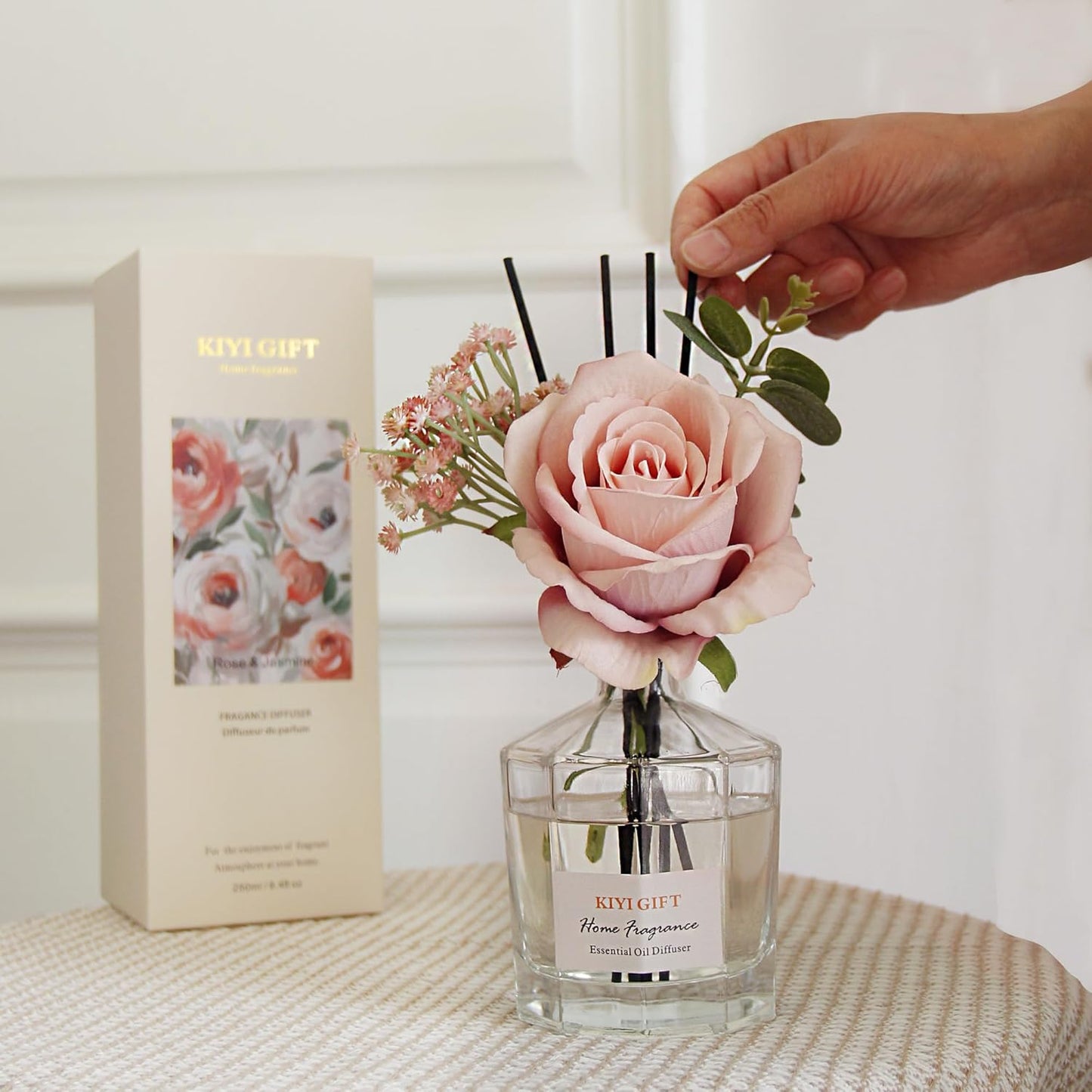 Reed Diffuser Set -8.4 fl oz Scent Diffuser with 6 Reed Sticks, Home Fragrance,Reed Diffuser for Bathroom Shelf Decor (Jasmine Rose)