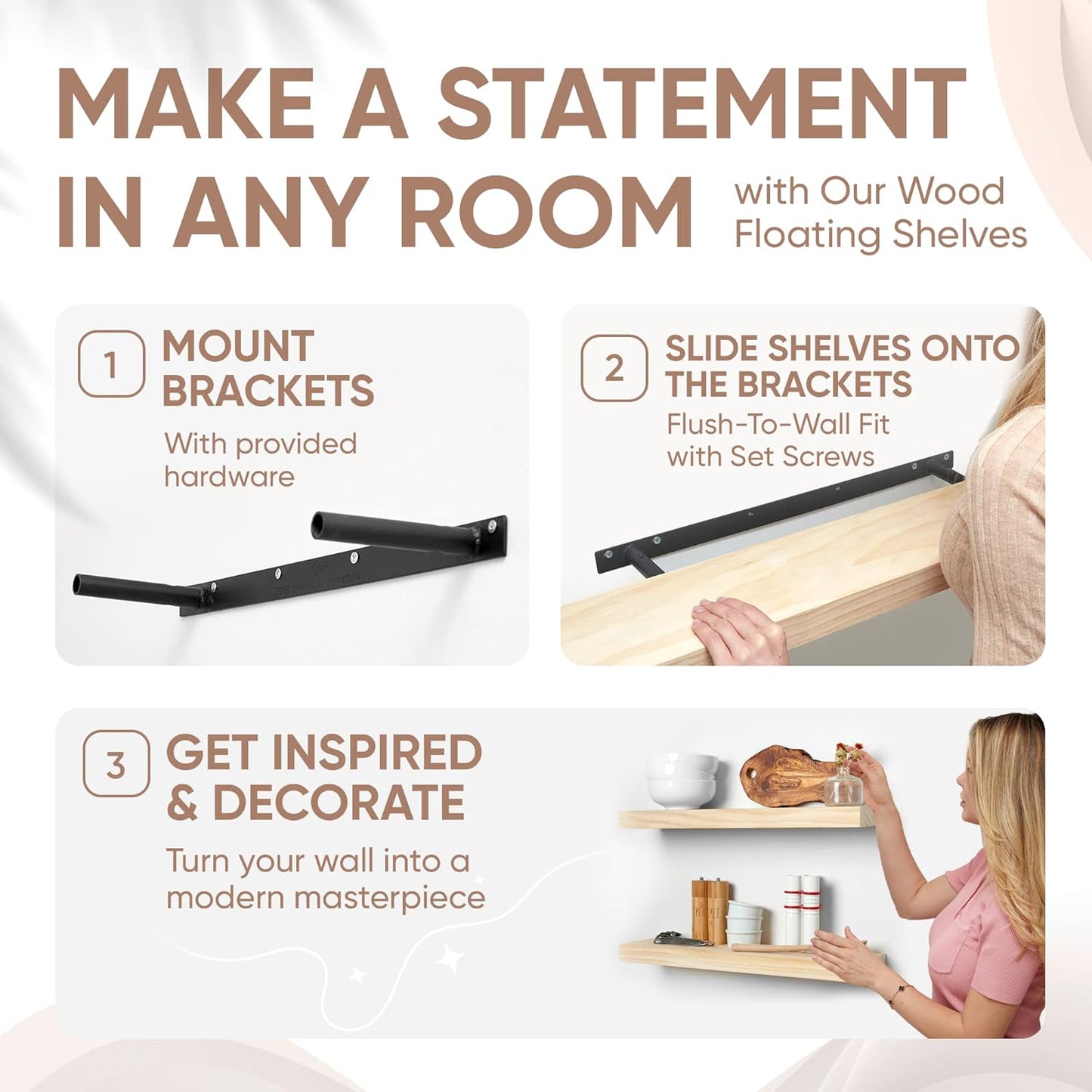 Homeforia 24 inch Natural Floating Shelf, High End Solid Real Wood 24inch Small Floating Shelves for Wall Mounted, Natural Wooden Floating Shelves, Heavy Duty Bracket, 24 X 6.5 X 1.75 in, Set of 4