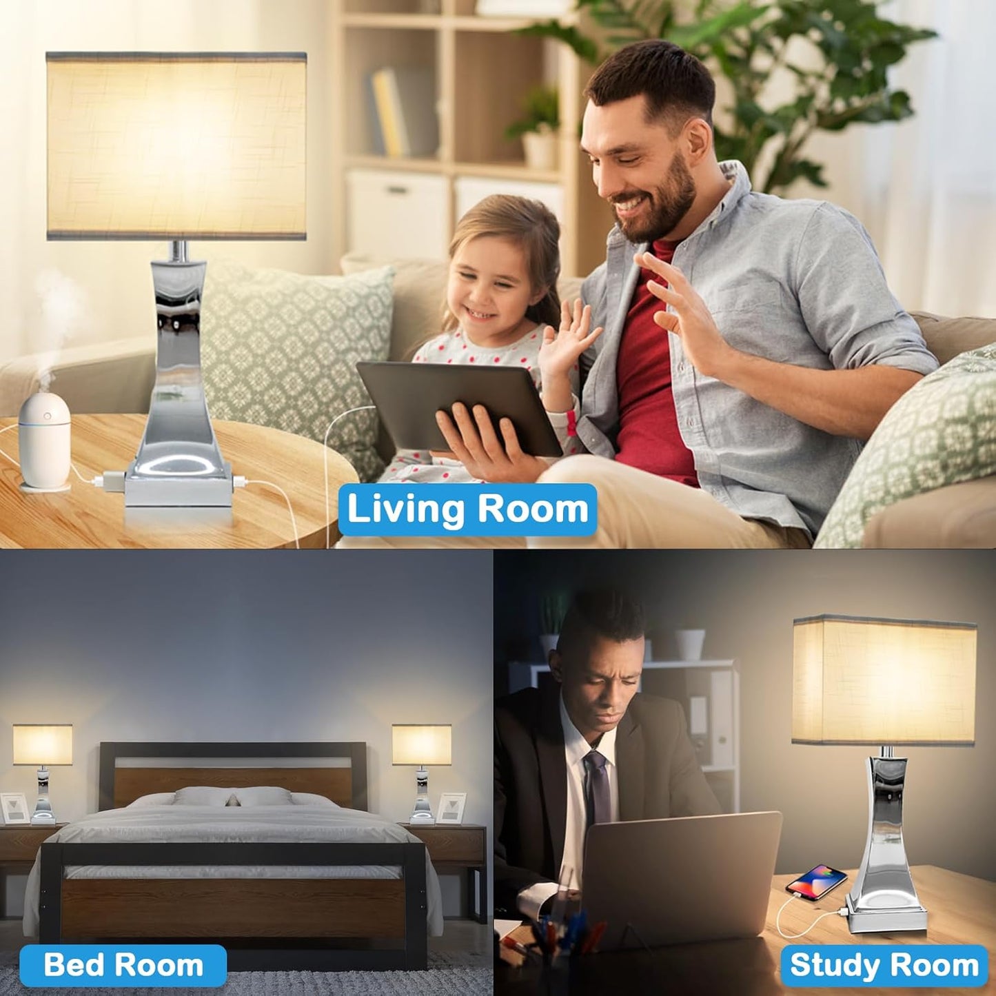 Table Lamp for Bedroom 3-Way Dimmable Touch Control Chrome Bedside Lamp with USB A+C Port & AC Outlet 21.6" Tall Nightstand Lamp for Living Room Office and Hotel Bulb Included