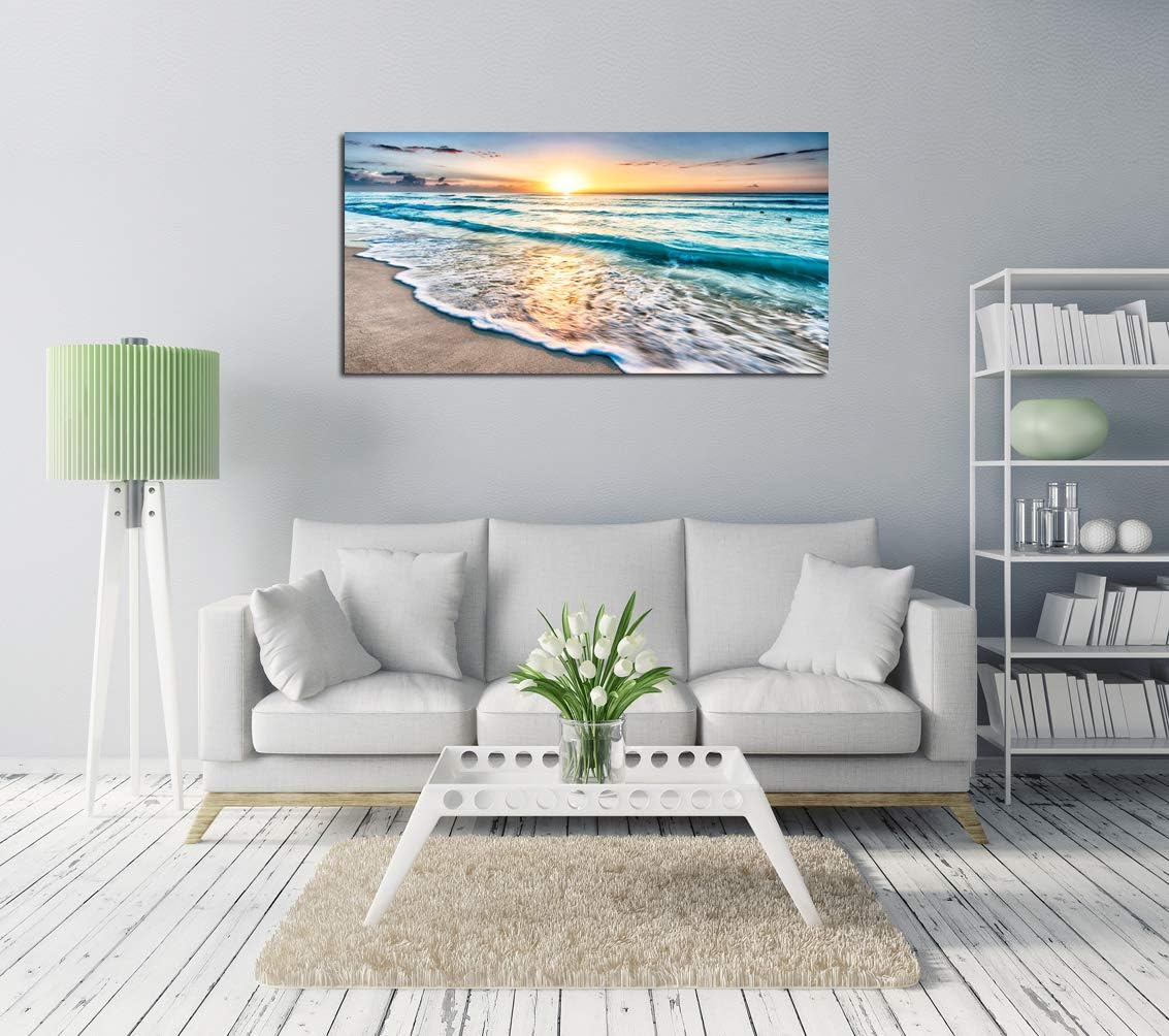 Baisuart S02262 Canvas Prints Wall Art Beach Sunset Ocean Waves Nature Pictures Stretched Canvas Wooden Framed for living Room Bedroom and Office