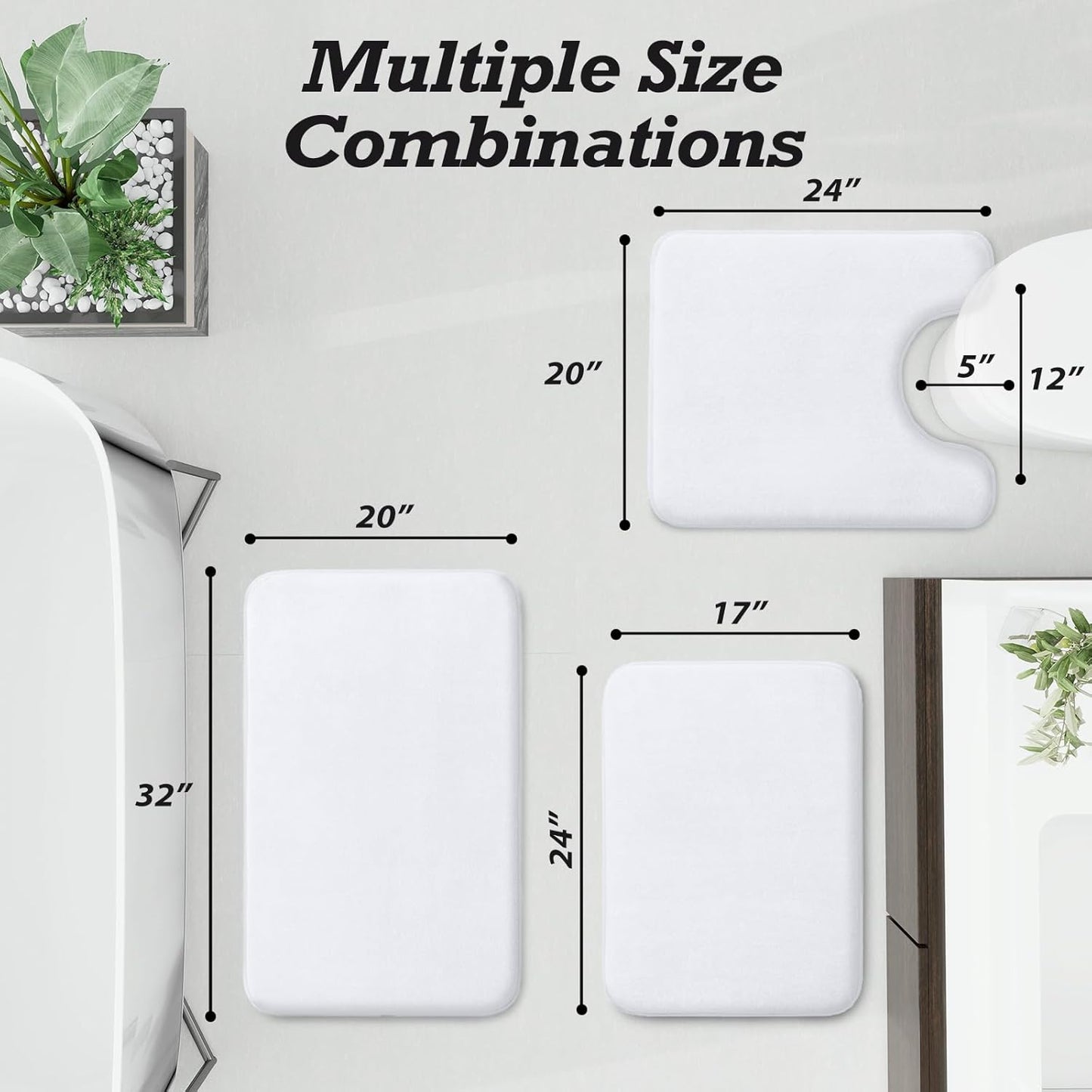 HUXMEYSON Bathroom Rugs Sets 3 Piece, Non-Slip & Quick Dry Bath Mat Set, Ultra Soft Velvet Bath Rugs for Bathroom, Toilet and Shower Floor, White