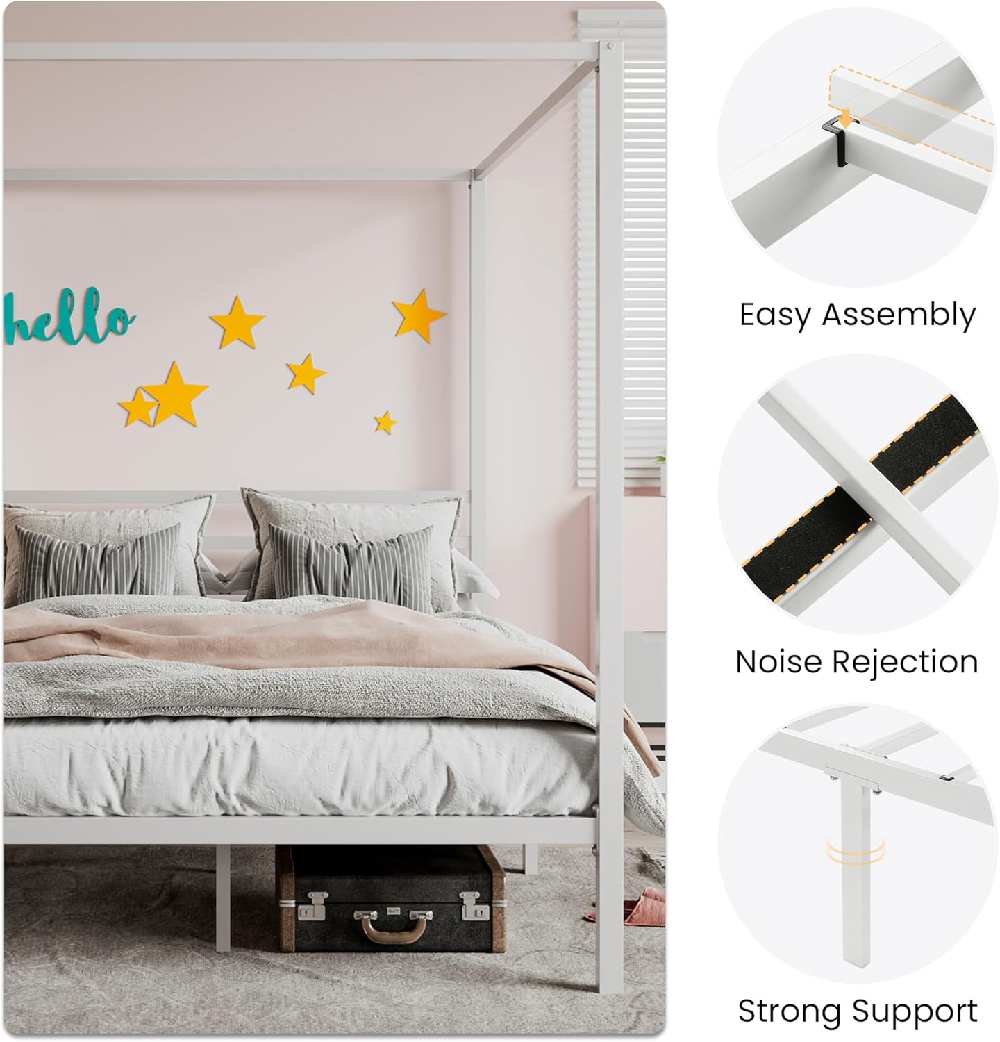 SHA CERLIN Canopy Bed Frame Full Size/Mattress Foundation with Metal Slats Support/No Box Spring Needed/Easy Assembly/White