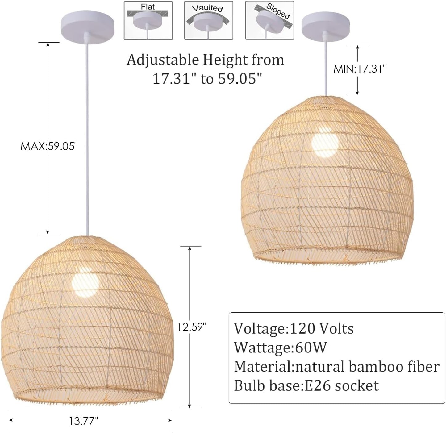 1-Light Rattan Pendant Light,13.78" Hand-Woven Bamboo Rattan Hanging Light Wicker Chandelier for Kitchen Island Restaurant Craft Room Farmhouse