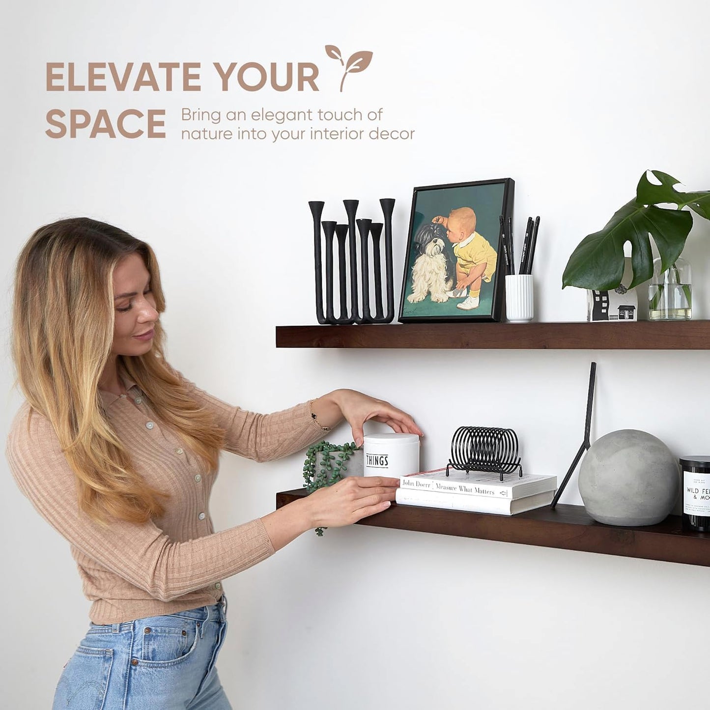 Homeforia 48 inch Walnut Floating Shelf, High End Solid Real Wood Large 48inch Floating Shelves for Wall, Dark Brown 48 inches Long Floating Shelves, Heavy Duty Bracket, 48 X 6.5 X 1.75 inch, Set of 2