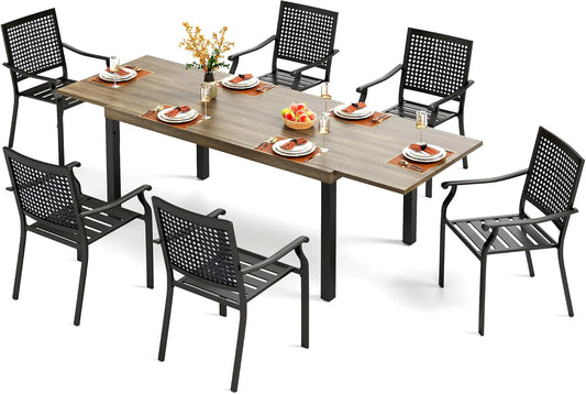 PHI VILLA 7 Piece Patio Dining Set for 6, Expandable Wood-Like Metal Dining Table & Wrought Iron Stackable Chairs, Large Dining Furniture for Outdoor Deck, Backyard, Porch