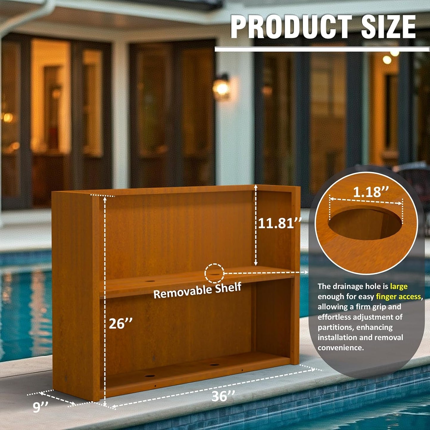 Modern Metal Planter Box 36" L x 9" W x 26" H – Rectangular Cor-Ten Steel Raised Garden Bed with Drainage Holes & Removable Shelf – Outdoor & Indoor Flower Planter for Patio, Yard & Porch