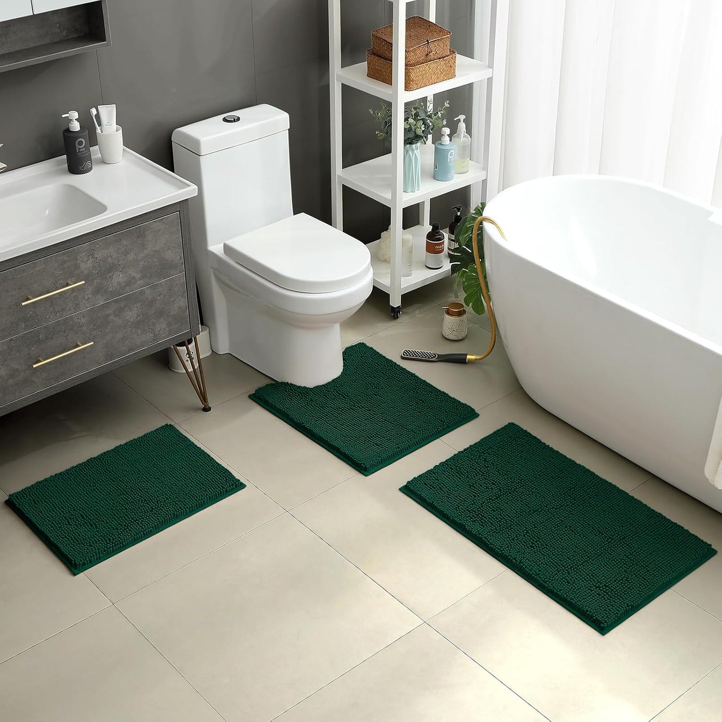 HOMEIDEAS 3 Pieces Bathroom Rugs, Ultra Soft Non Slip Absorbent Chenille Toilet Bath Mat Set (Dark Green,17"x24"+20"x32"+U Shape 20"x24")