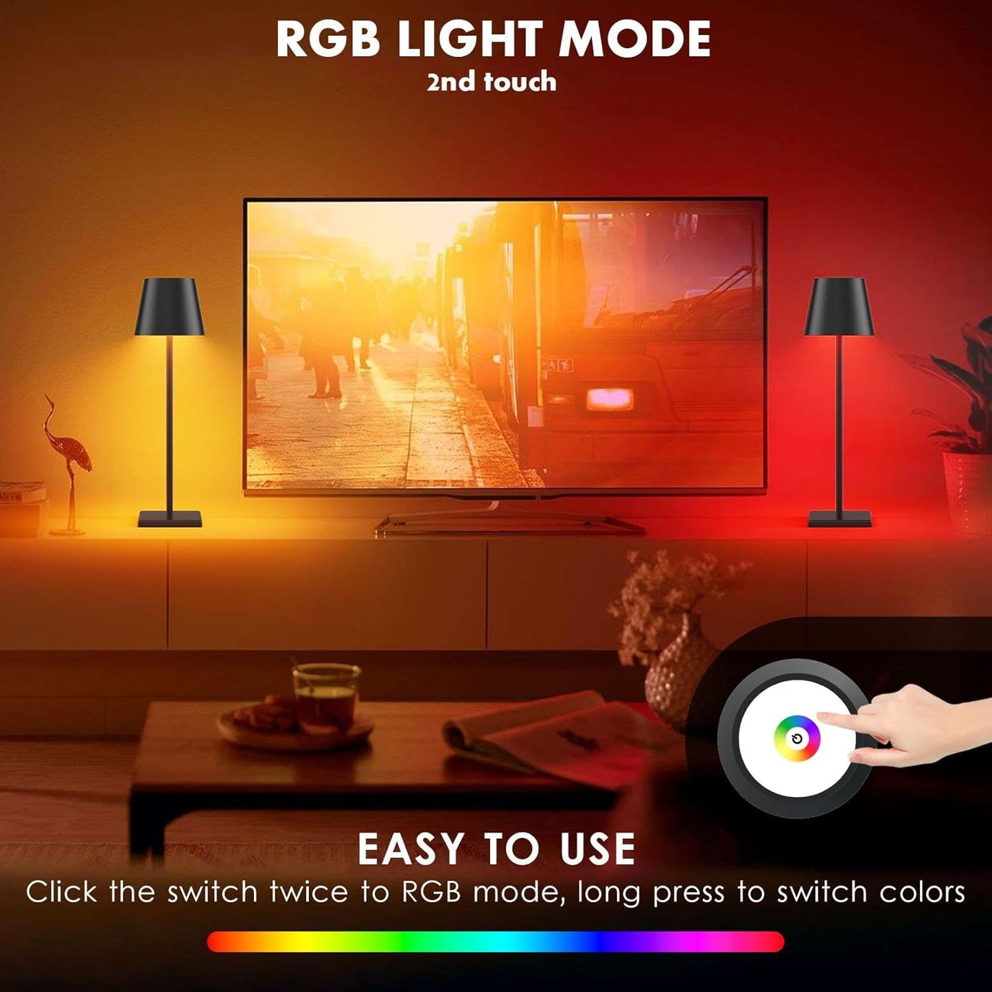 2 Pack LED Cordless Table Lamp with RGB & Stepless Dimming Rechargeable Battery Desk lamp 3W 5500mAh Battery Operated with Modern Portable Table Light for Indoor/Outdoor IP54 Waterproof (Black)