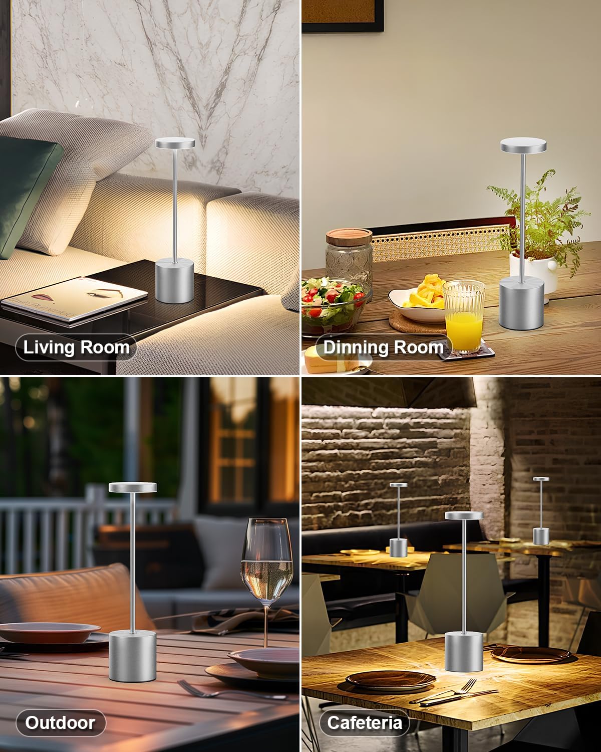 Cordless Table Lamp Set of 2, Rechargeable 5000mAh Battery Powered Outdoor Table Lamps(Silver)