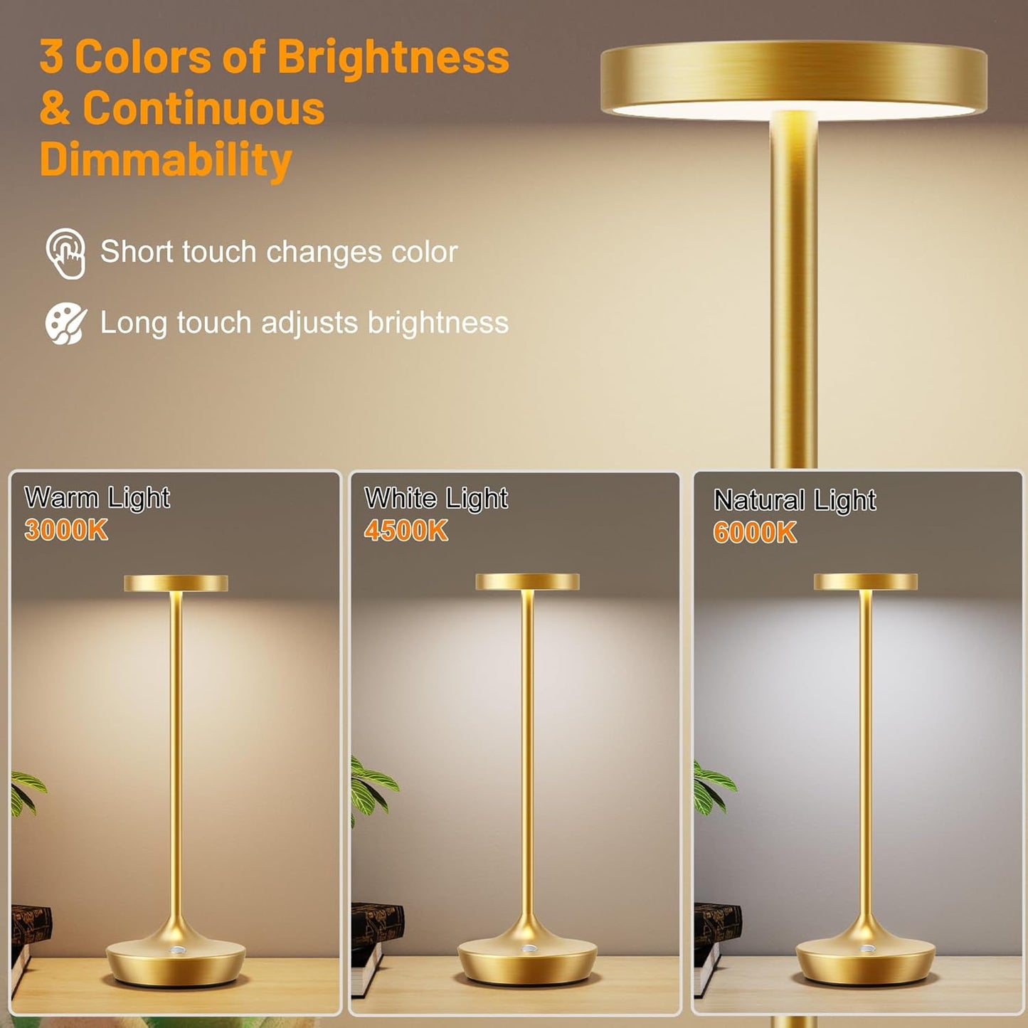 Rechargeable Table Lamp Cordless - 6000mAh Battery Operated LED Table Light - Portable Touch Dimmable Outdoor Waterproof Table Lamps for Patio Restaurant Dining (2 Gold)