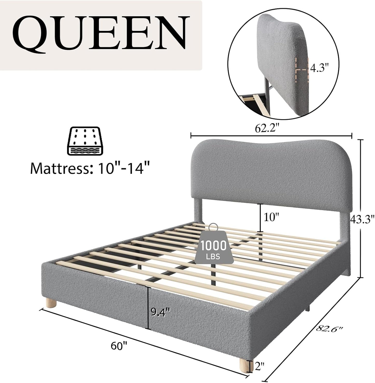 AMERLIFE Queen Size Upholstered Boucle Bed Frame, Soft Cloud Platform Bed with Adjustable Headboard, Modern Design, Rounded Corners, Rubberwood Legs, No Box Spring Needed, Easy Assembly, Charcoal Gray