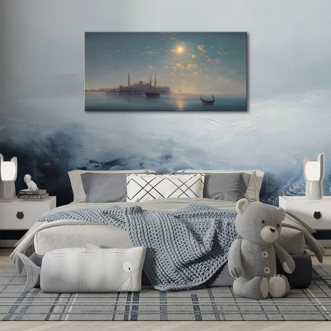 Large Canvas Wall Art Boats at Sunset Artwork Decor for Bedroom Venice Seascape Nature Classical Paintings Peaceful Vintage Landscape Picture Print for Living Room Office Home Decoration 20"x40"