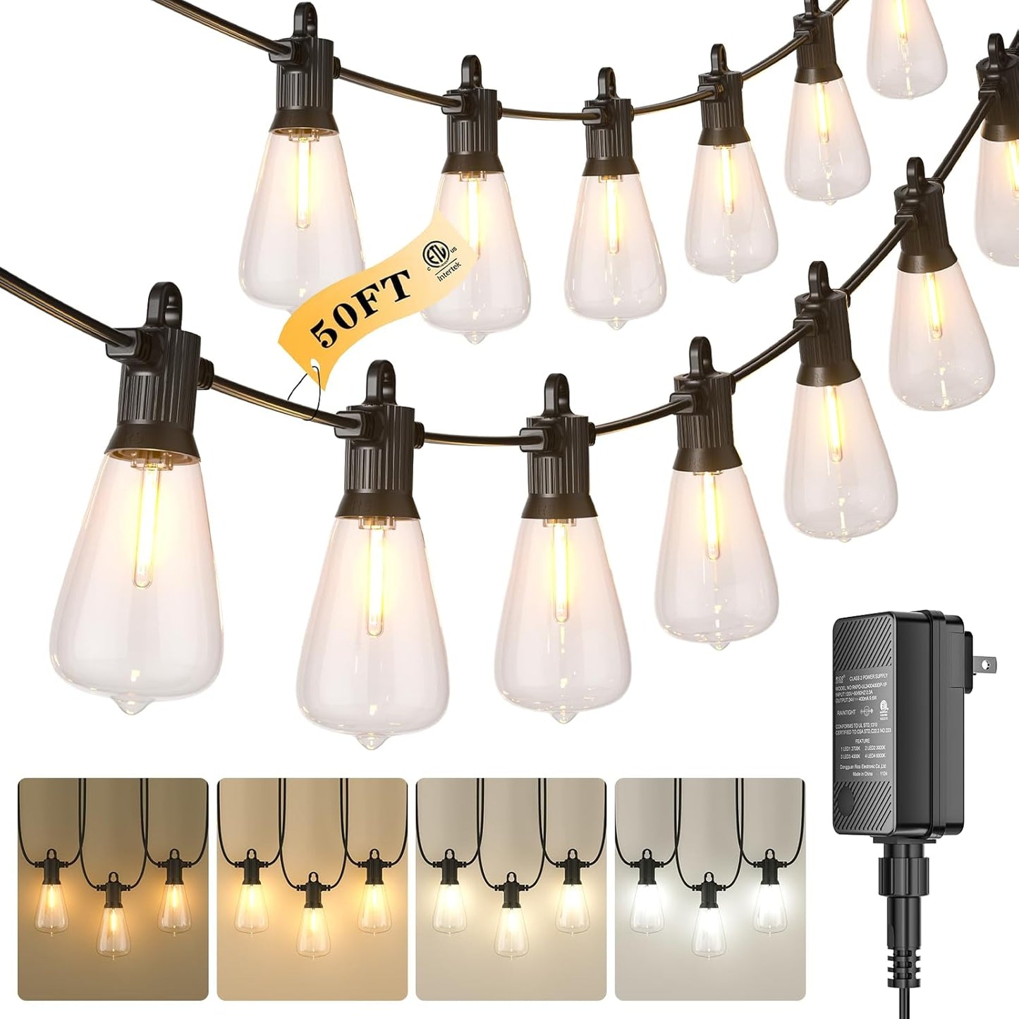 Kawaya Outdoor String Lights for Patio - ST38 Outside IP64 Waterproof Hanging Light with 2700k~6000k Dimmable - 50FT Led Edison Lights for Cafe Bistro Yard Gazebo Porch