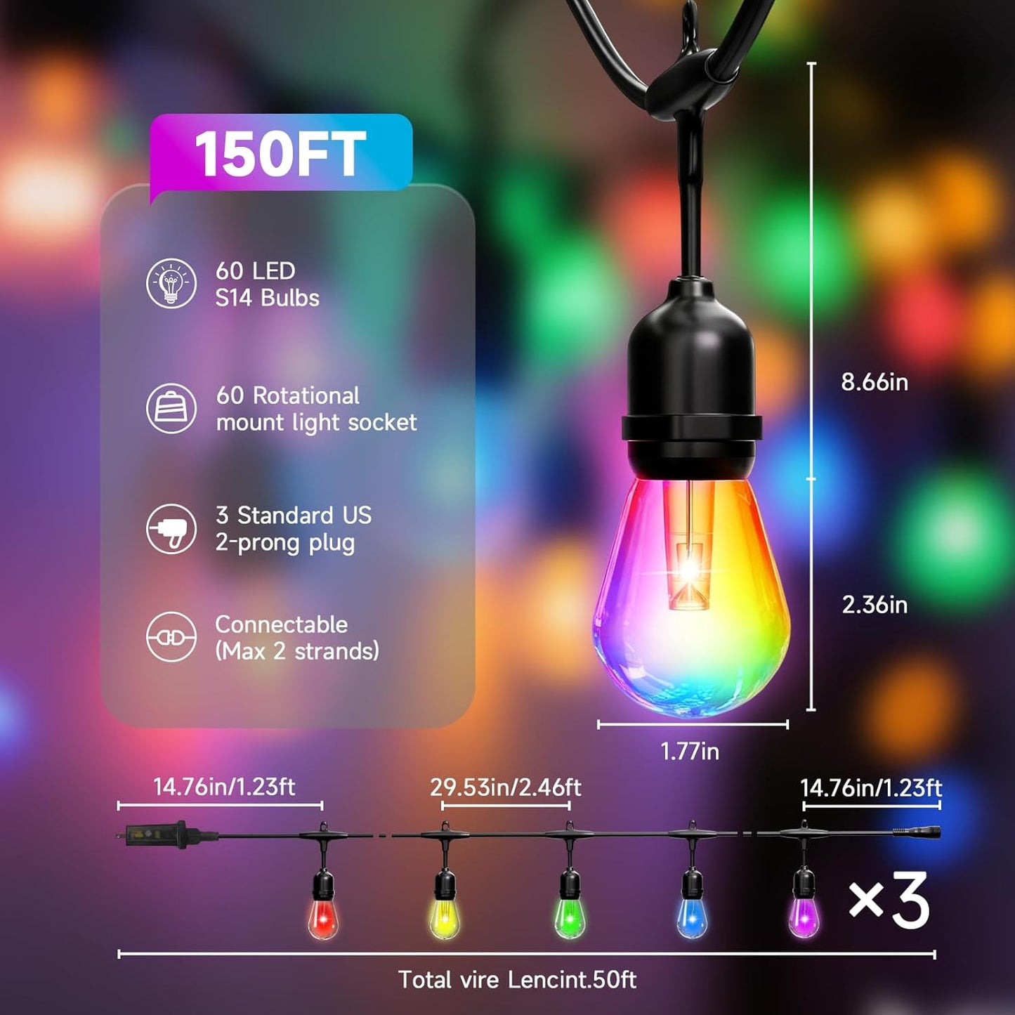 RGB Safety String Lights 150FT - Commercial Grade Low Voltage Strand with 60 S14 Shatterproof Bulbs for Tree Garden Yard bistro Cafe | RGB Party Lights & Outdoor Lights | IP65 Waterproof | UL Listed