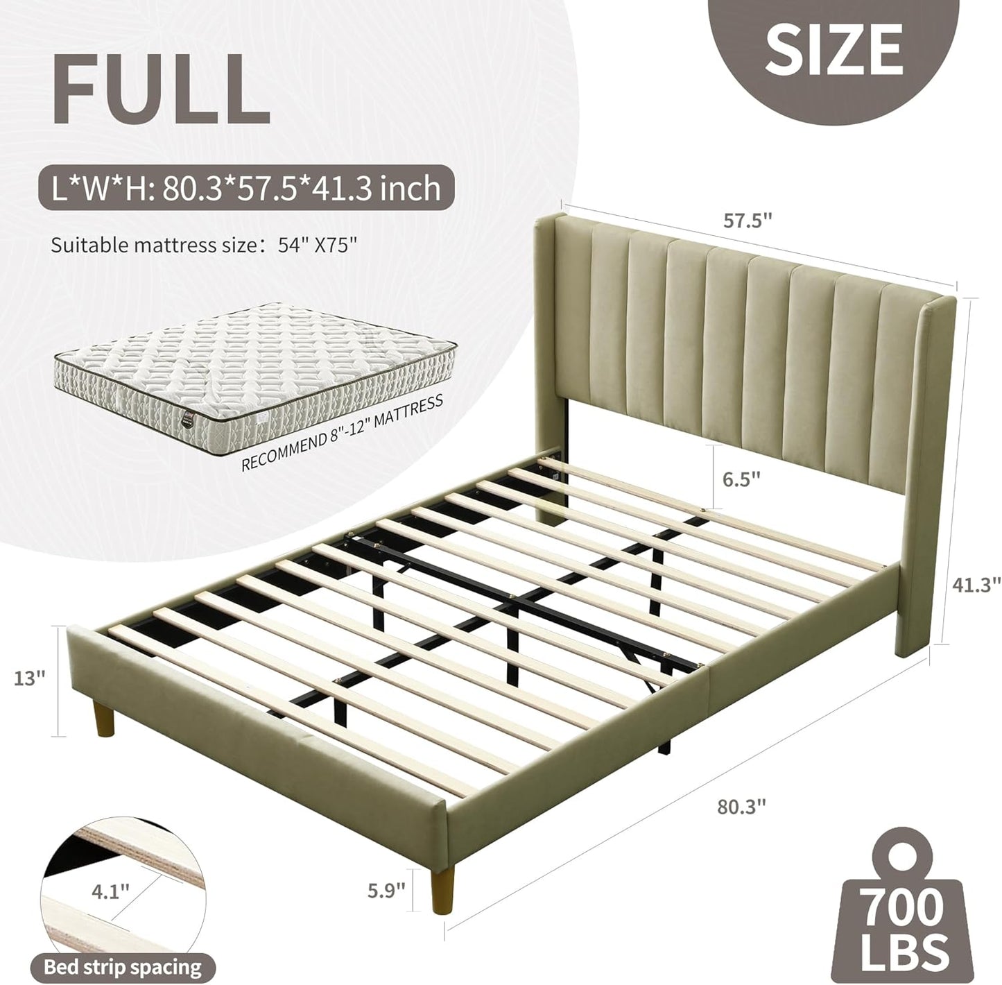 YUHUASHI upholstered Platform Bed Frame/Full Bed Frame/Modern Geometric Double-Wing Design headboard/Linen Fabric/Easy to Assemble no Noise (Beige, Full)