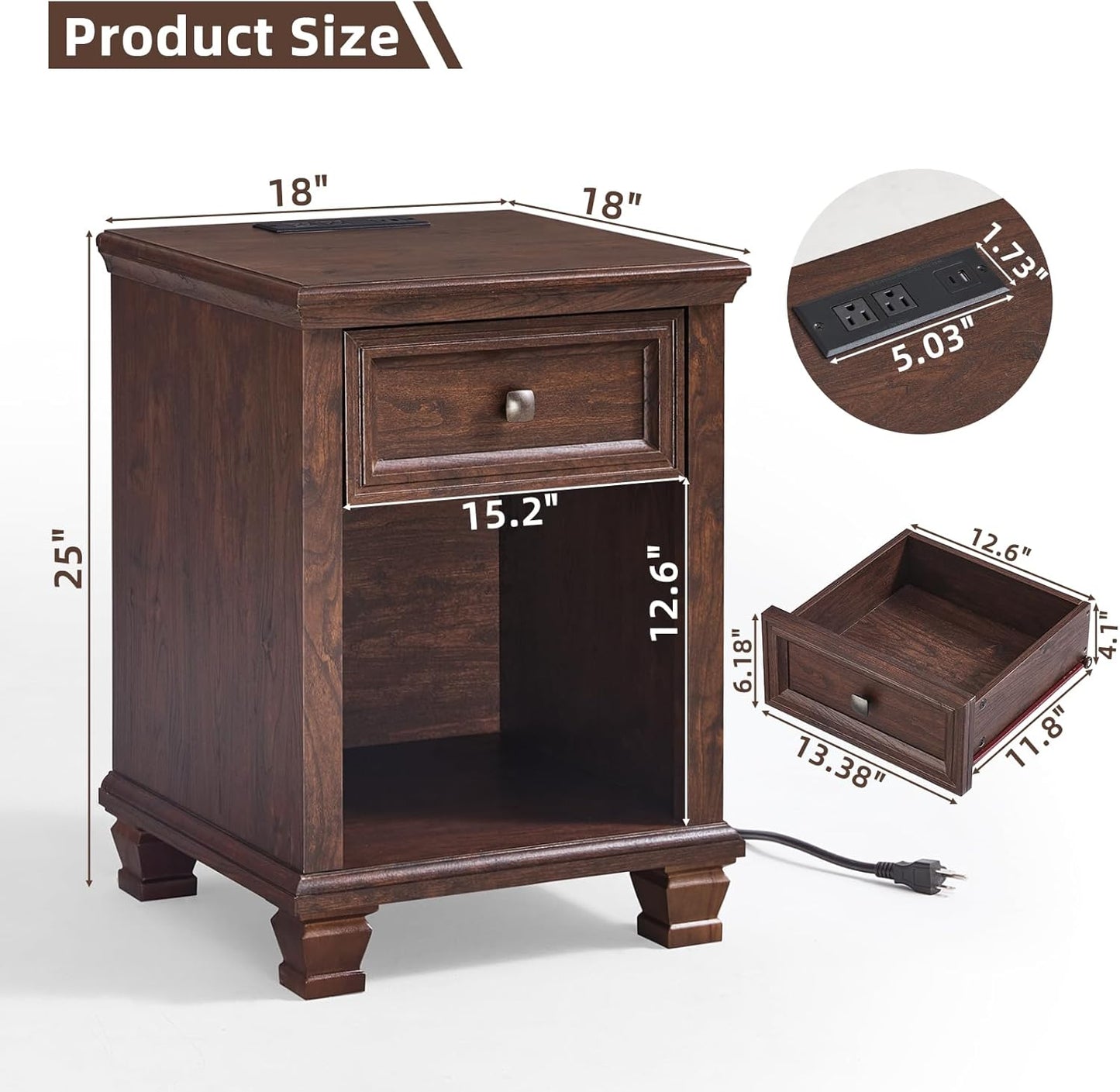 Farmhouse End Tables Living Room Set of 2, Rustic Wood Nightstand with 1 Drawer, Brown Bedside Table with Open Shelf for Bed Room, Side Tables for Living Room, Walnut