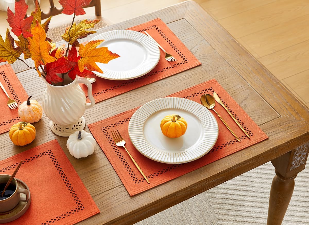 Fall Placemats Set of 6, 12 x 18 Inch Rustic Geometric Hollow Place Mats, Orange Heat Resistant Placemats for Autumn Thanksgiving Farmhouse Table Decor, Orange 6PCS