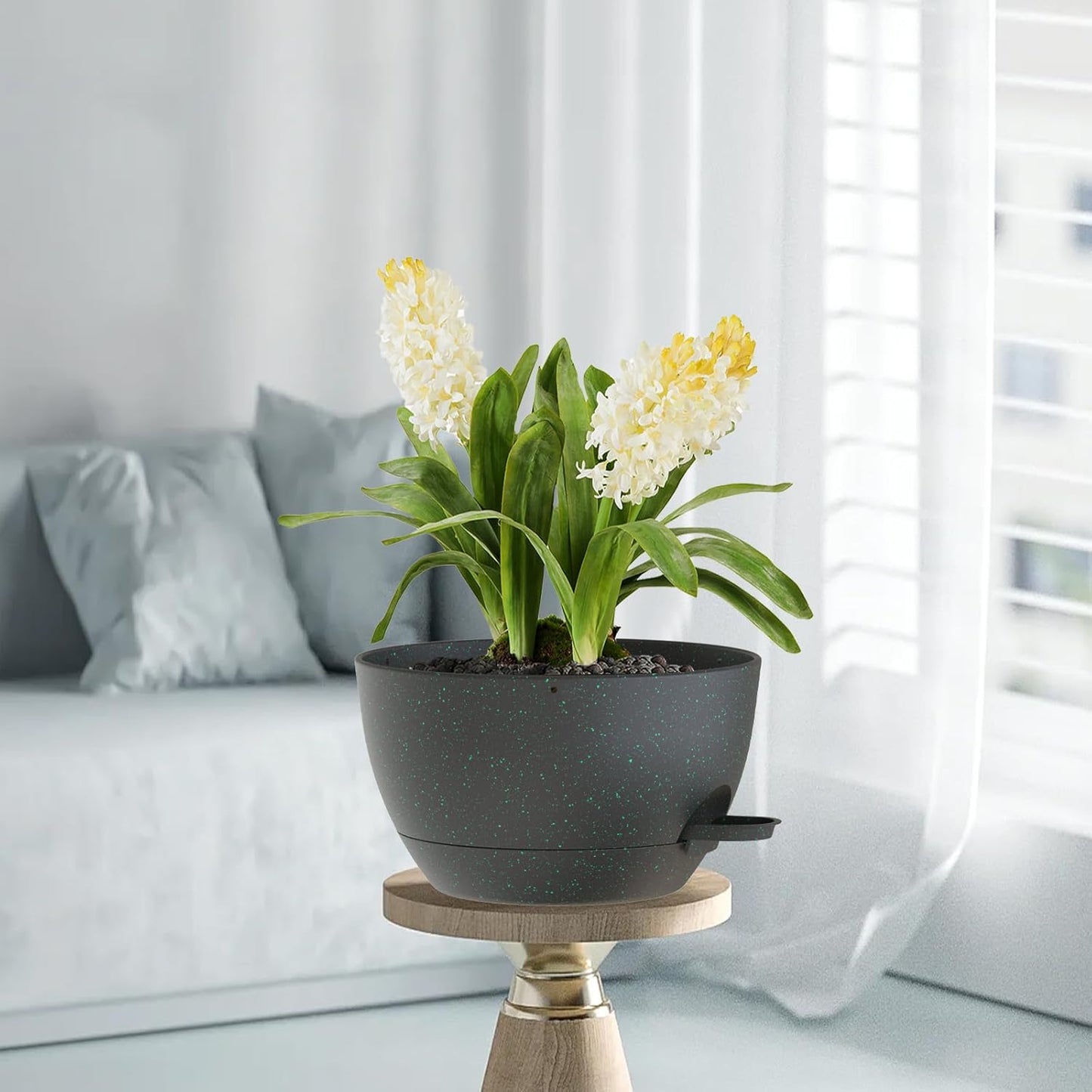 10 Inch Hanging Baskets 2 PC with Chains, Self-Watering Hanging Planters for Indoor Outdoor Plants, Plastic Hanging Flower Pots,Black with Green Speckles