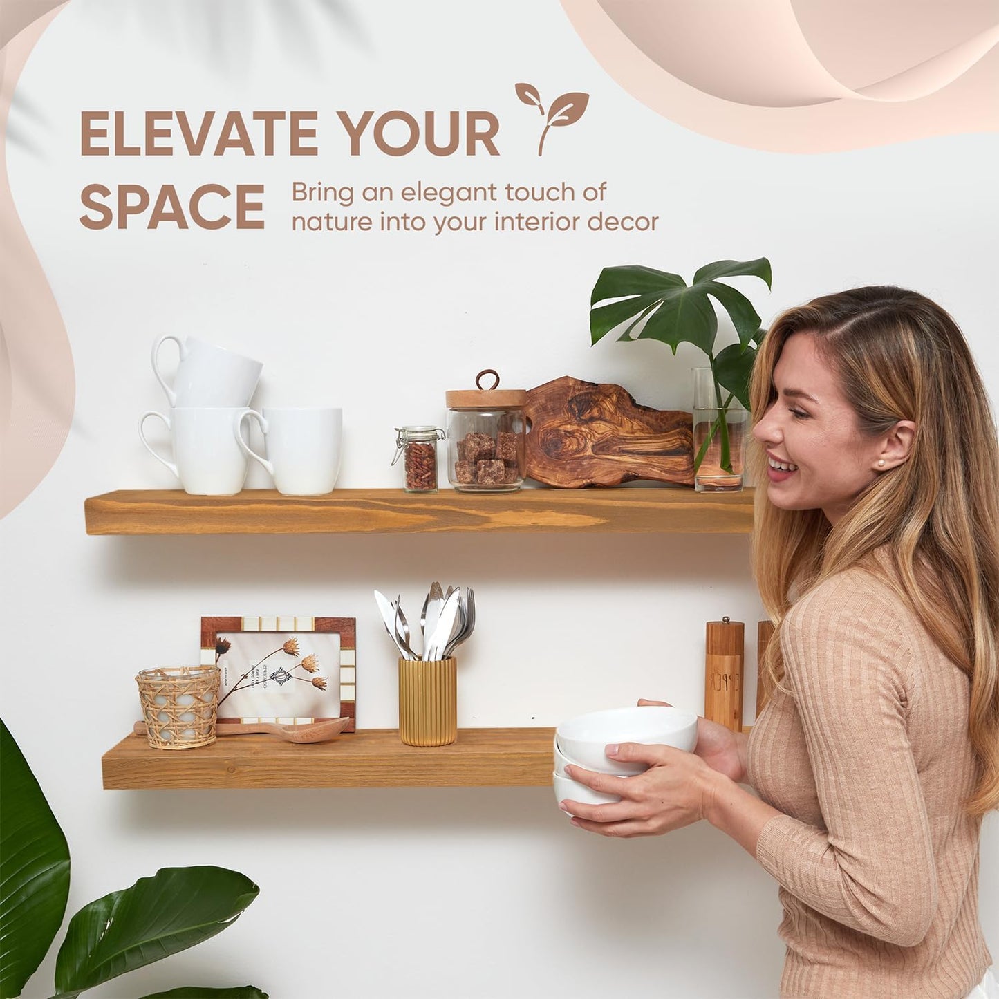 Homeforia 30 inch Golden Oak Floating Shelf, High End Solid Real Wood 30inch Small Floating Shelves for Wall Mounted, Oak Wooden 30in Floating Shelves, Heavy Duty Bracket, 30 X 6.5 X 1.75 in, Set of 4