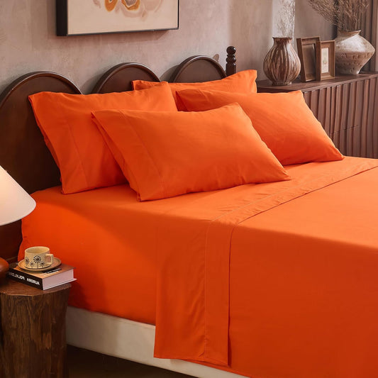 100% Linen Sheet Set Cal King Size Extra Deep Pocket Fits 18-24 Inch Mattress, Breathable & Soft, Smooth 6-Piece Set for Thick Mattresses Hotel Luxury Bedding（Cal King, Orange）