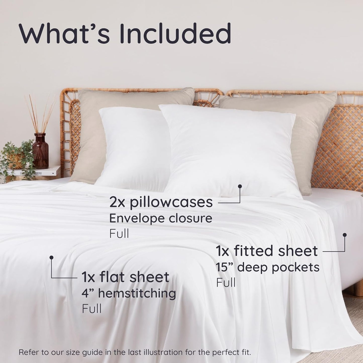 Bambaw 100% Viscose Derived from Bamboo Sheets Full Size Set – 4pcs Cooling Sheets for Hot Sleepers, Super Soft Full Size Sheets, with Elastic Corner Straps, Hotel Luxury Bed Sheets Set (White)