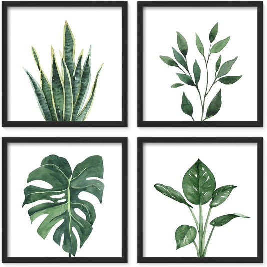 ArtbyHannah Framed Bathroom Wall Decor, 10x10 Inch Botanical Wall Art with Sage Green Plant Print for Wall Decoration, Minimalist Restroom Decor (Black)