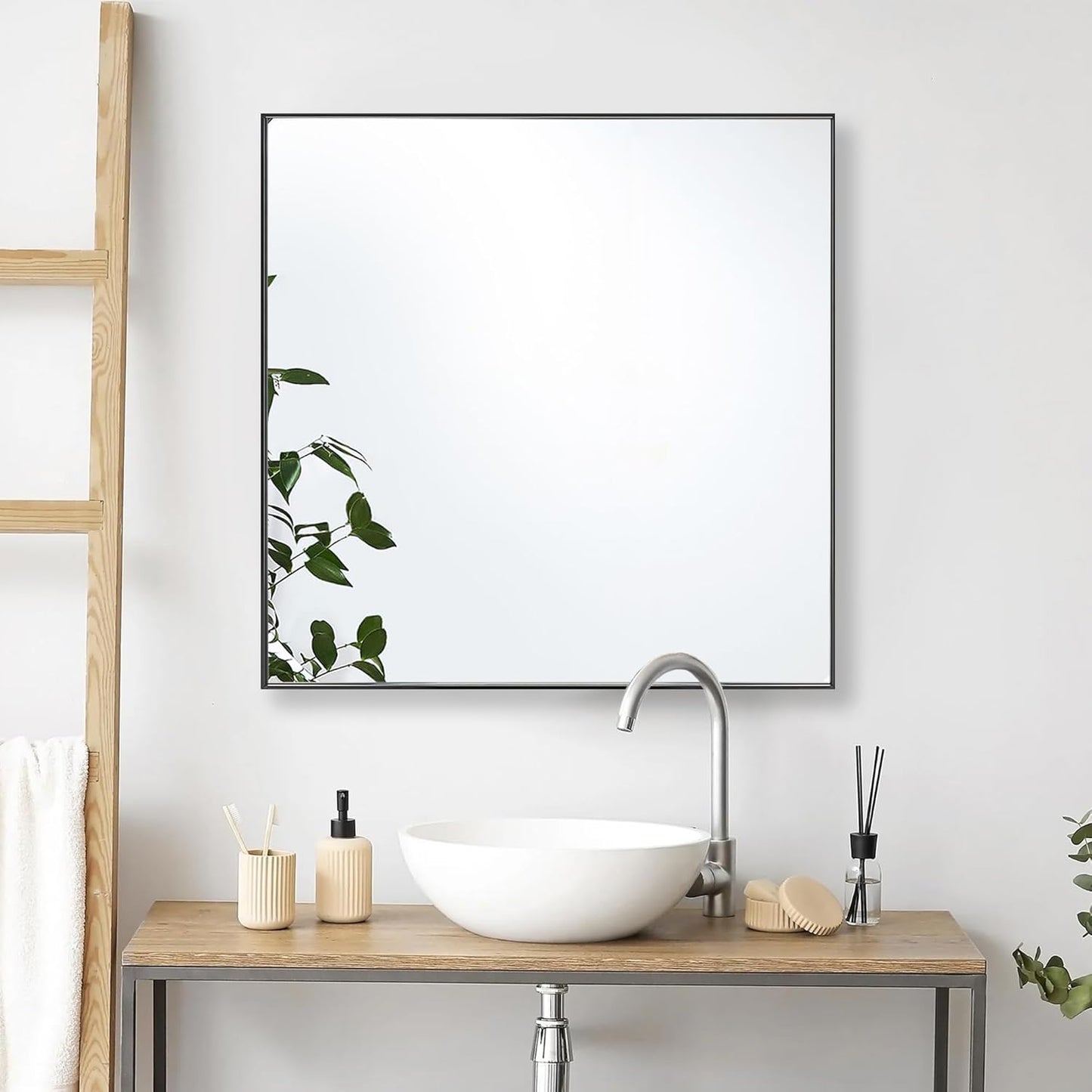28x28 Inch Black Bathroom Mirror for Wall, Aluminum Frame Rectangle Rectangular Vanity Mirror, Modern Large for Bedroom, Living Room, Horizontal or Vertical