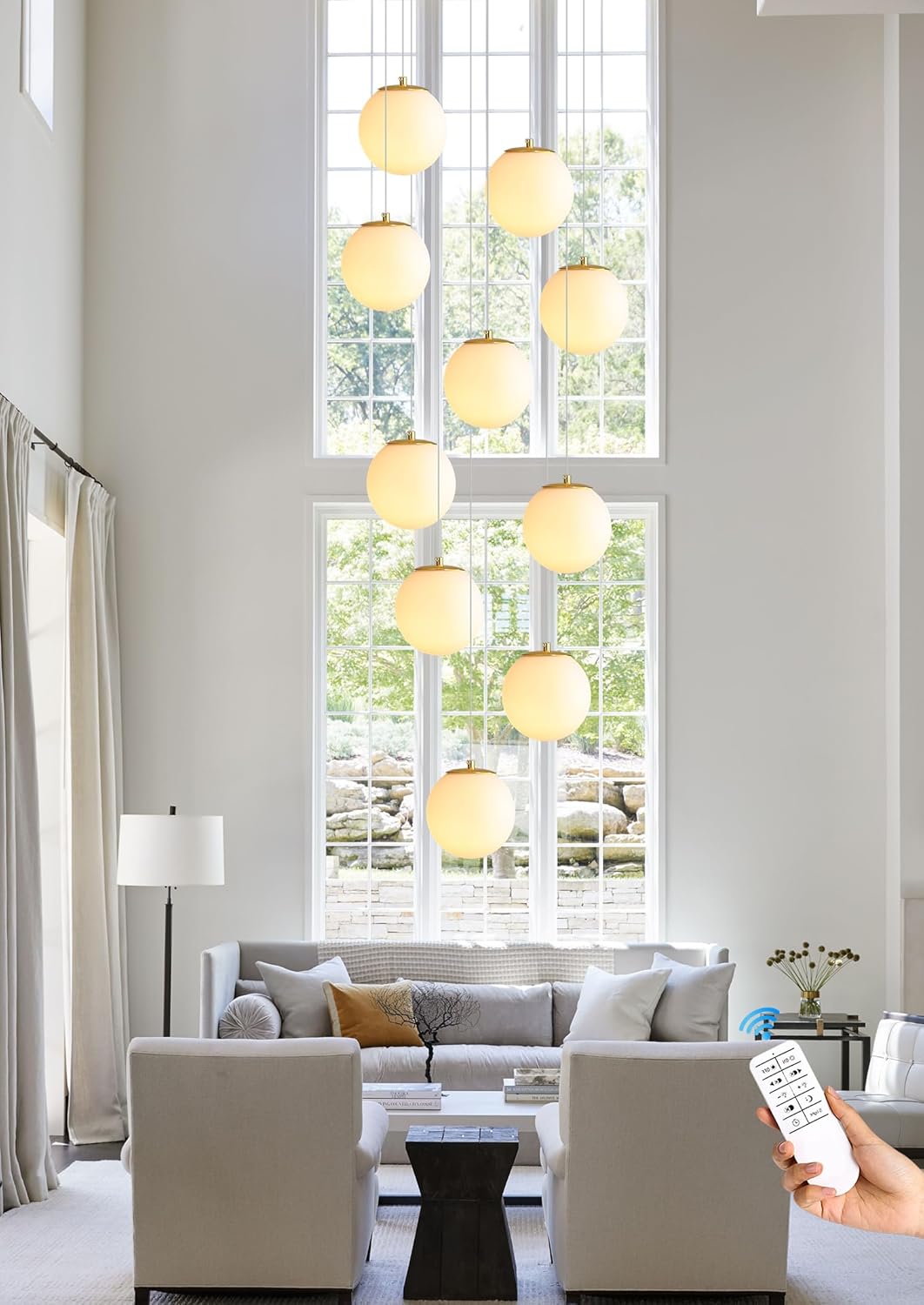 10-Light Gold Chandelier with White Globe Glass Dimmable Ceiling Light Glass Pendant Light for Kitchen Island, Dining Room, Living Room, Entry Hallway, LED Bulbs Included