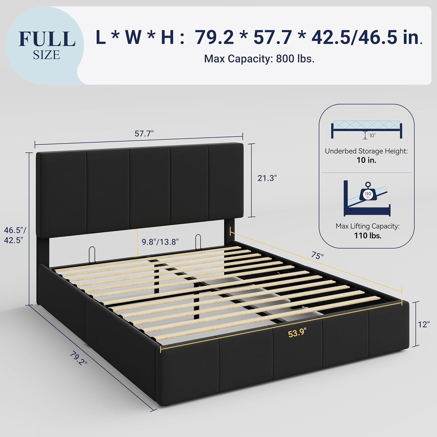 Allewie Full Size Velvet Lift Up Storage Bed Frame, Vertical Channel Tufted Headboard, Hydrualic Underneath Storage, Upholstered Platform Bed, Wooden Slats Support, No Box Spring Needed, Black